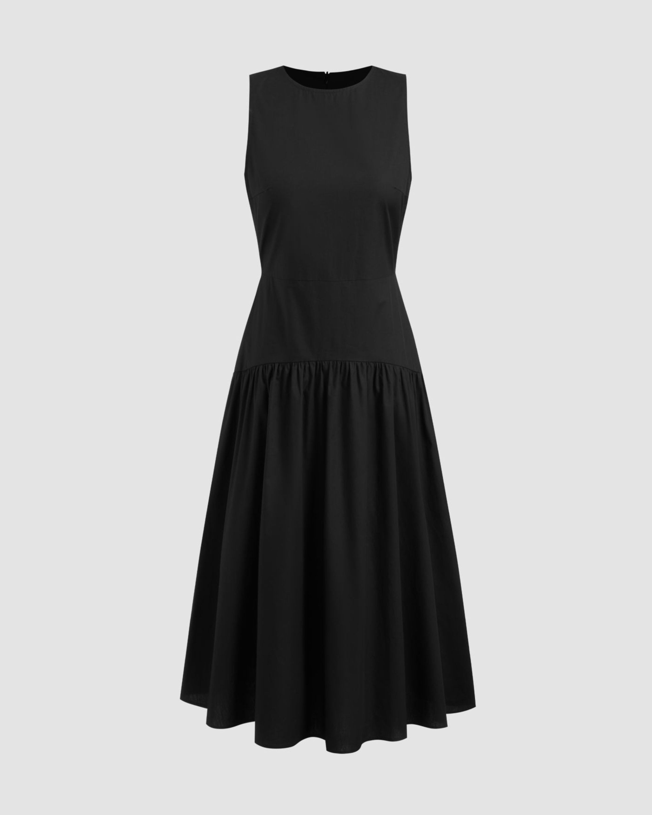 Cotton Ruffle Maxi Dress with Round Neckline - Black