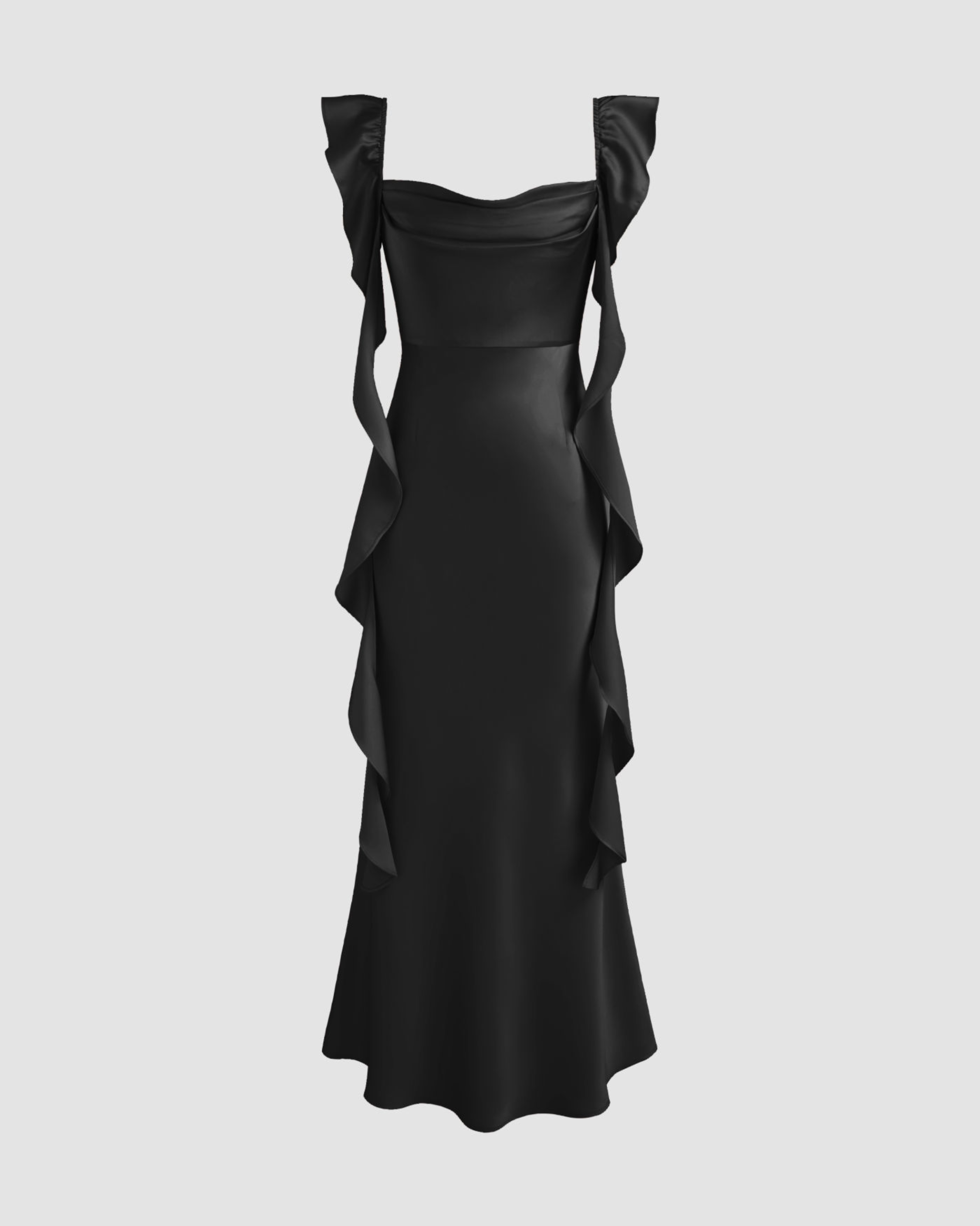 Satin Maxi Dress with Cowl Neck and Ruffle Hem - Black