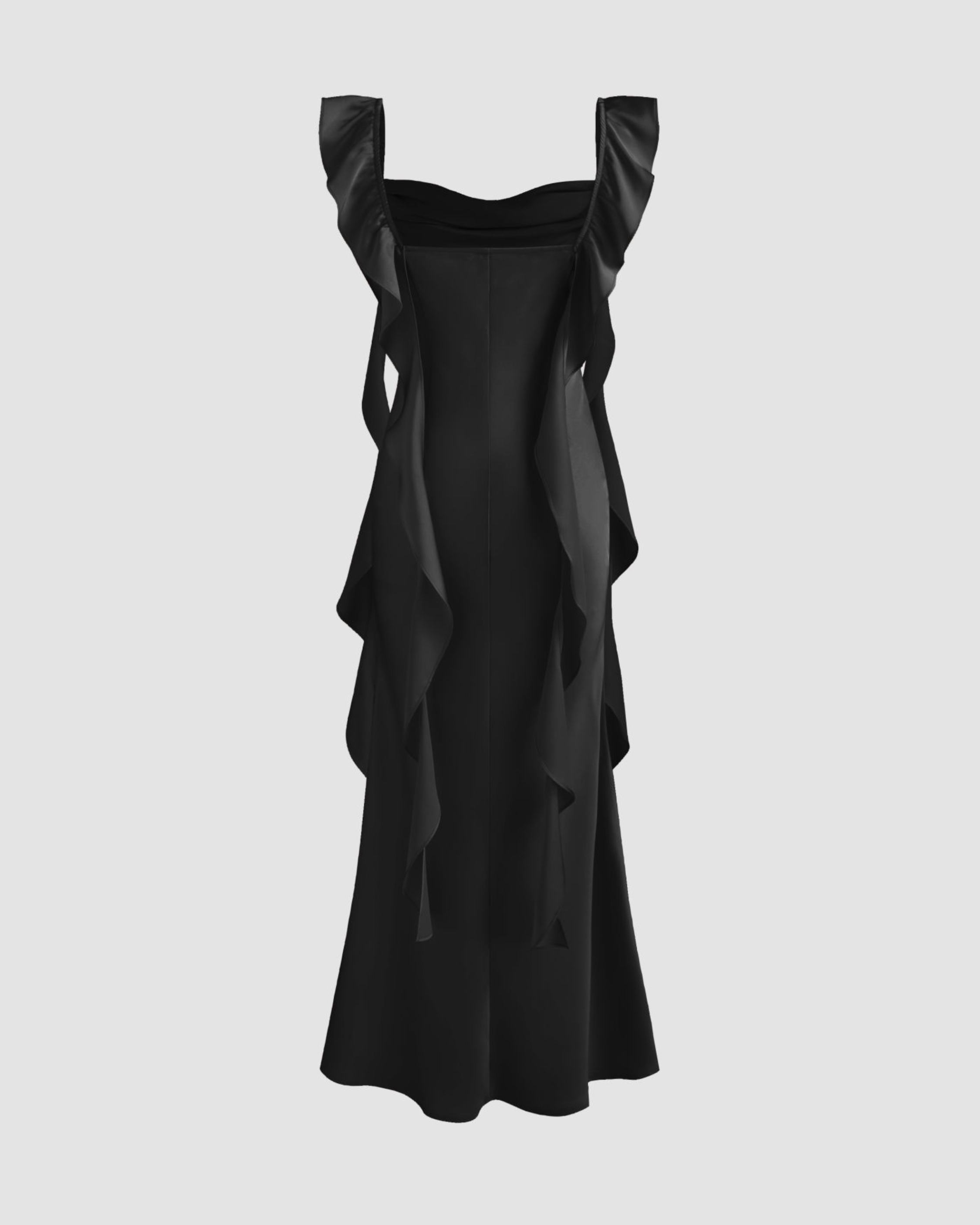 Satin Maxi Dress with Cowl Neck and Ruffle Hem - Black