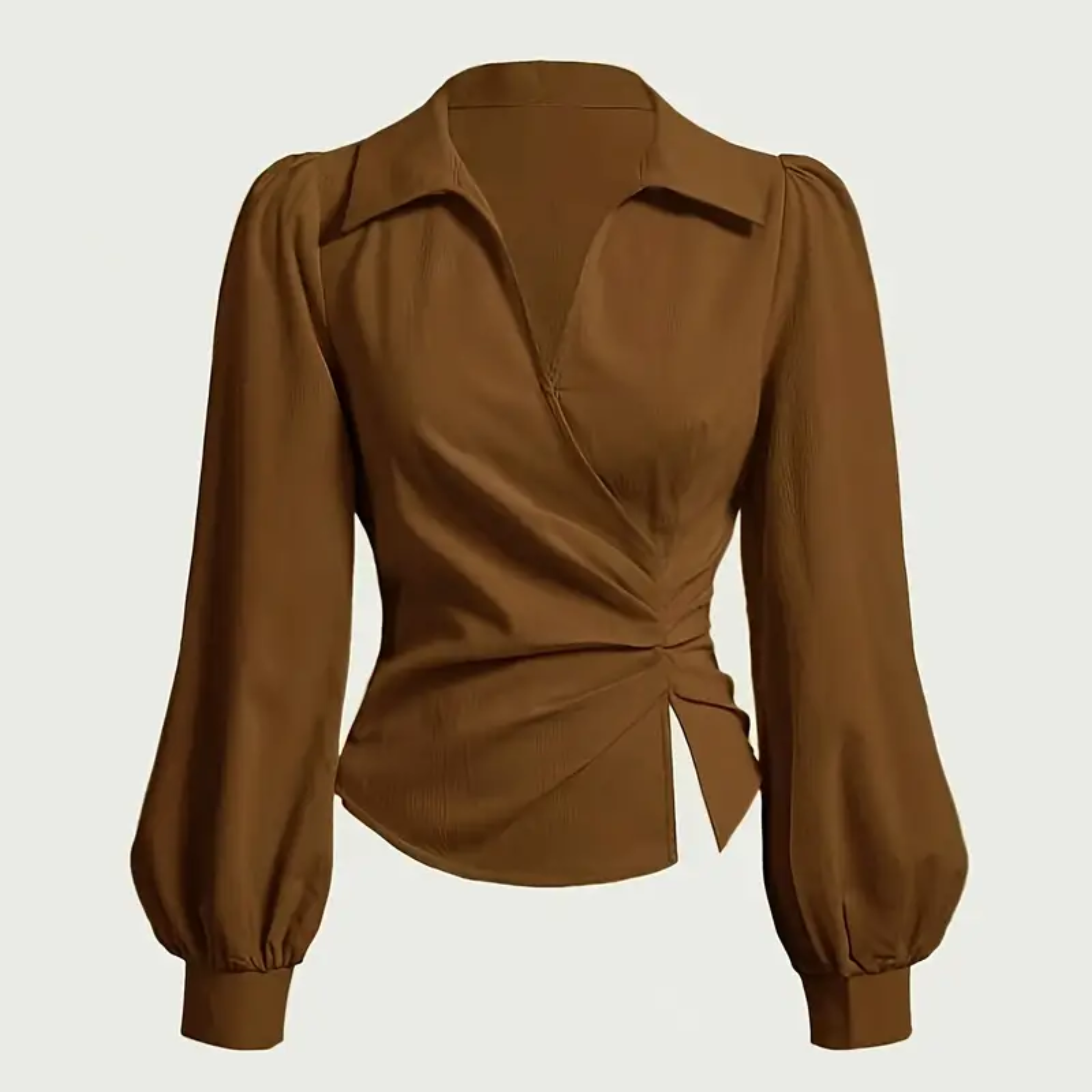 Brown Ruched V-Neck Blouse