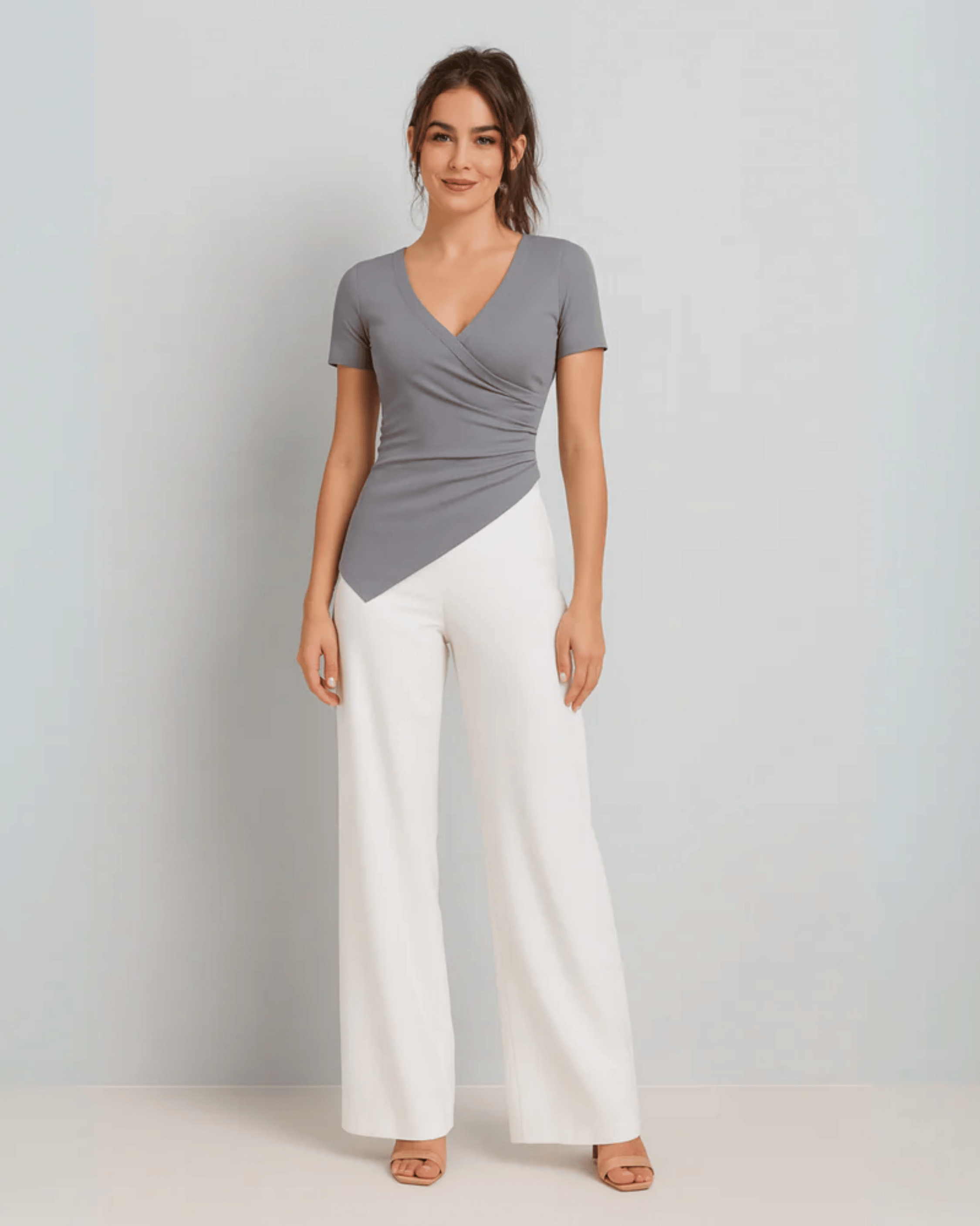 Grey V-Neck Wrap Style Top