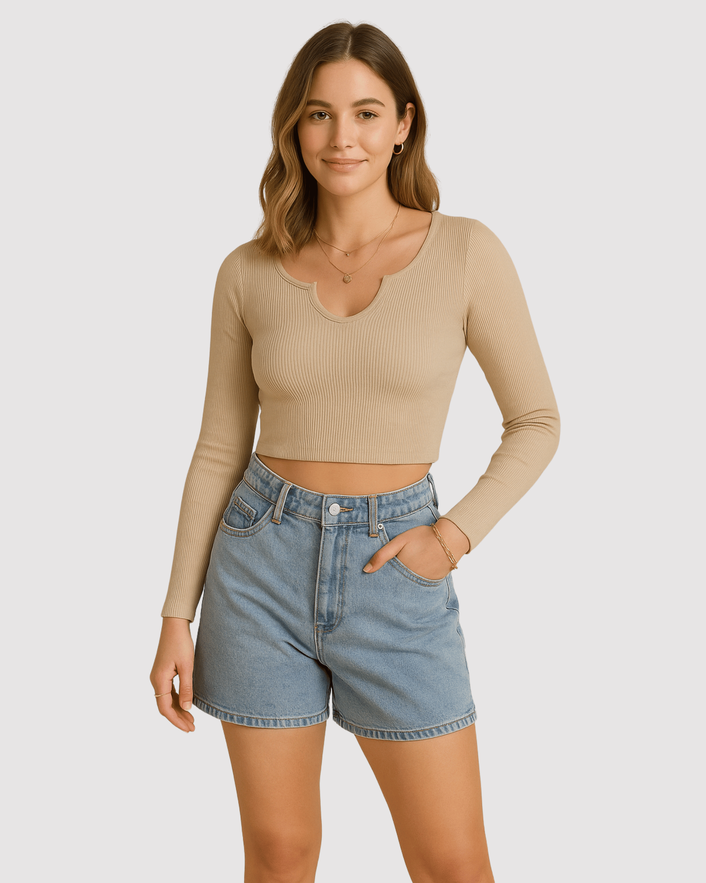 Beige Long Sleeve Crop Top
