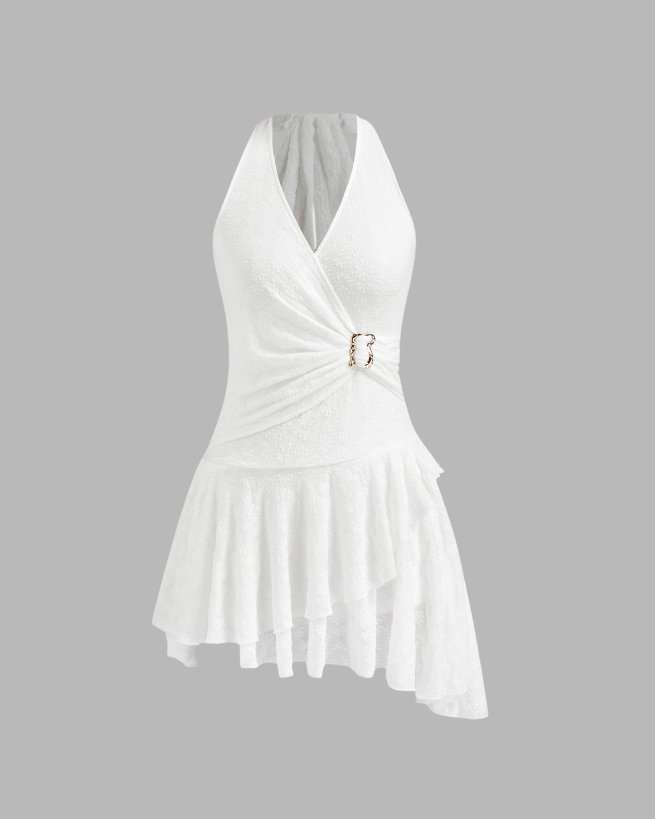 Lace Halter-Neck Mini Dress with Knotted Waist, Metal Accent, and Asymmetrical Hem.