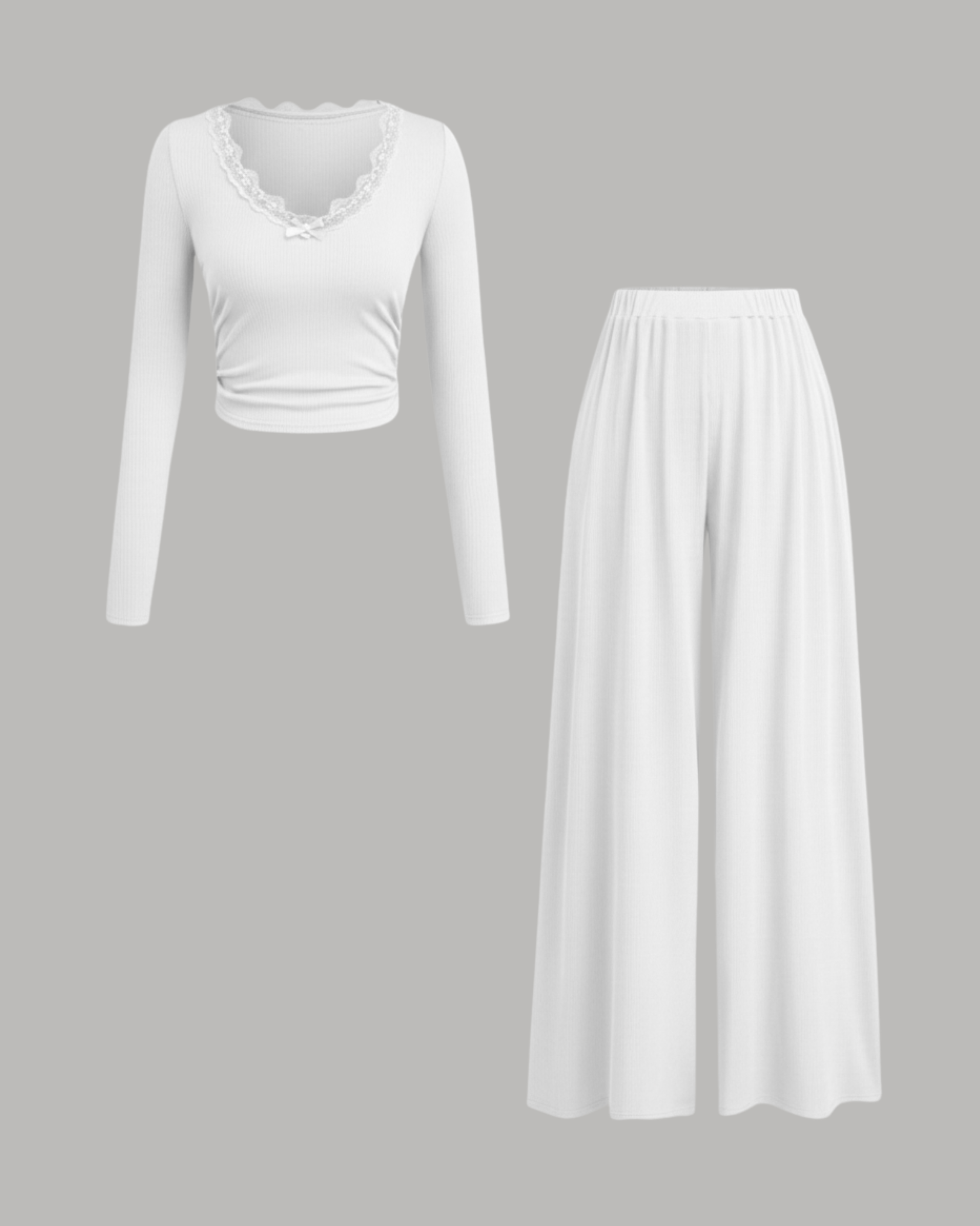 Lace Crop Top & Wide Leg Pant Set - White