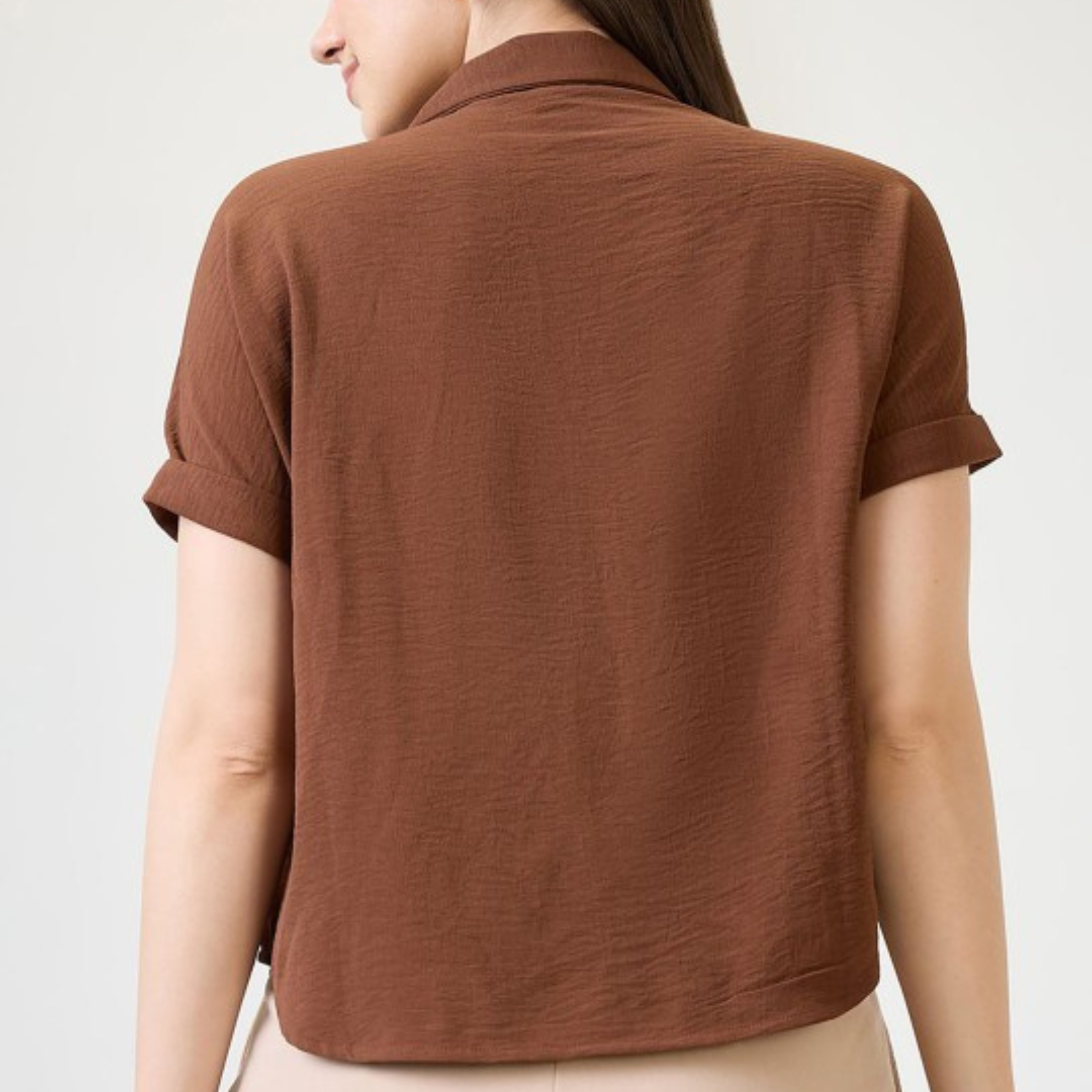 Brown Collared Short Sleeve Top