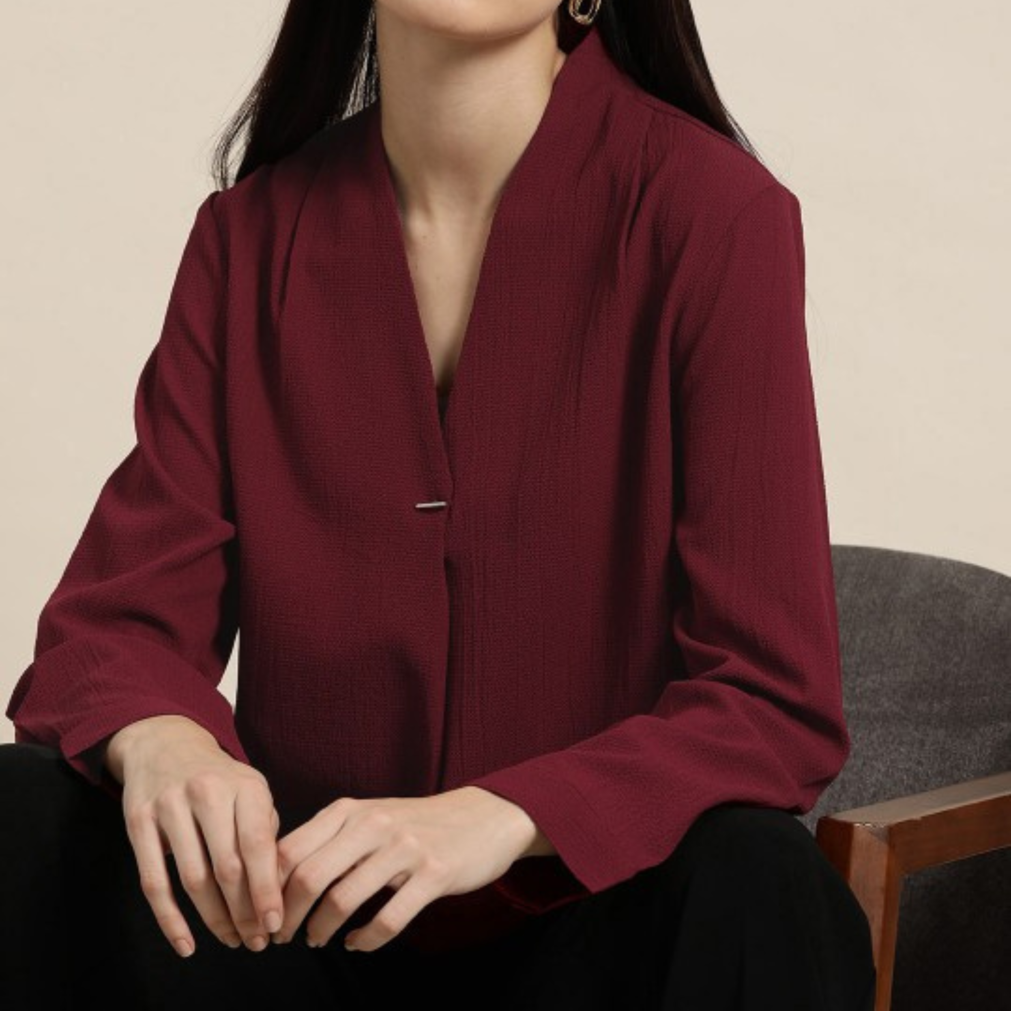 Maroon Collar Long Sleeve Top
