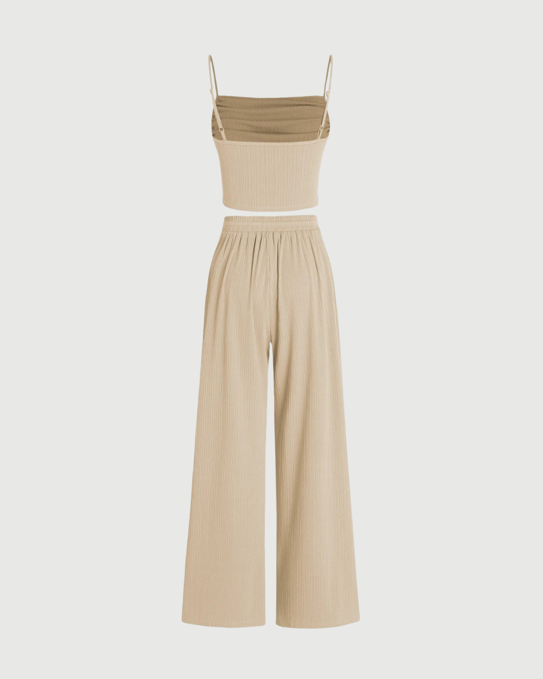 Effortless Ruched Square Neck Top & Easy-Waist Trouser Set-Beige