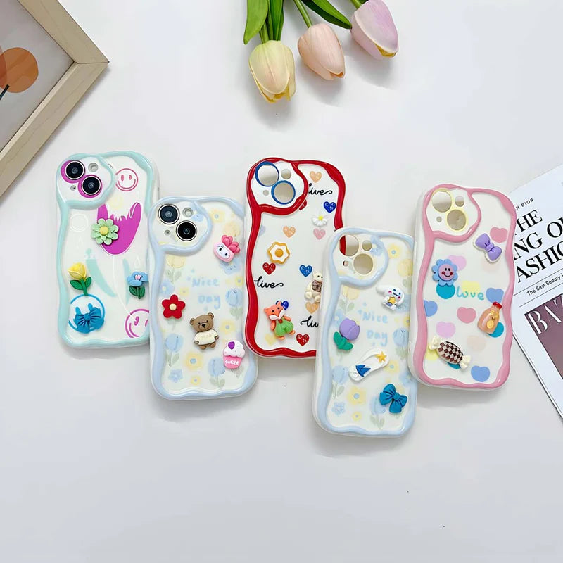 3D Cute Pet Flower and Toy Soft Multi Light Colors Case With Random Heart Shape Bracelet iPhone case