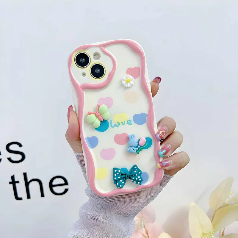 3D Cute Pet Flower and Toy Soft Peach Case With Random Heart Shape Bracelet iPhone case