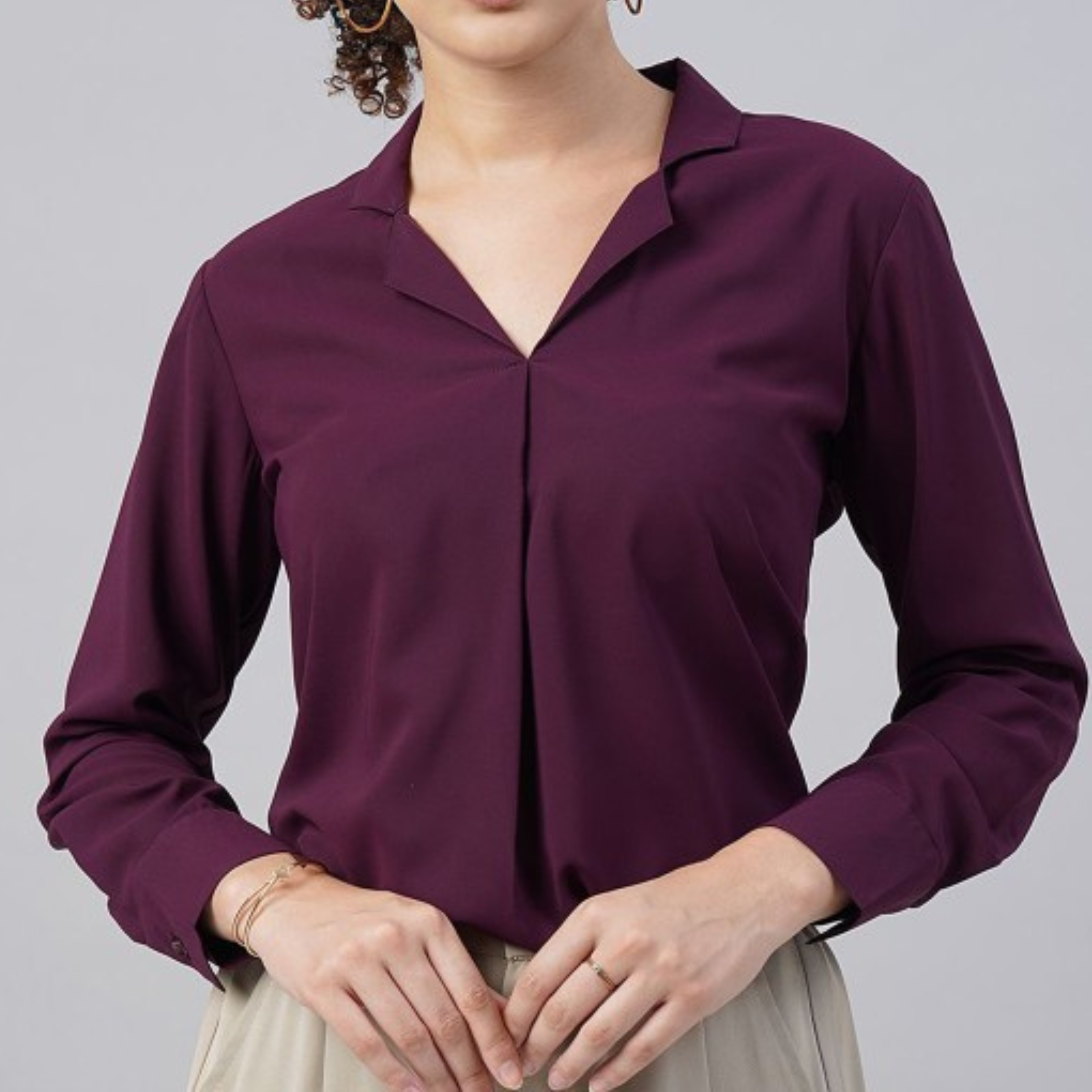 Plum V-Collar Long Sleeve Office Shirt