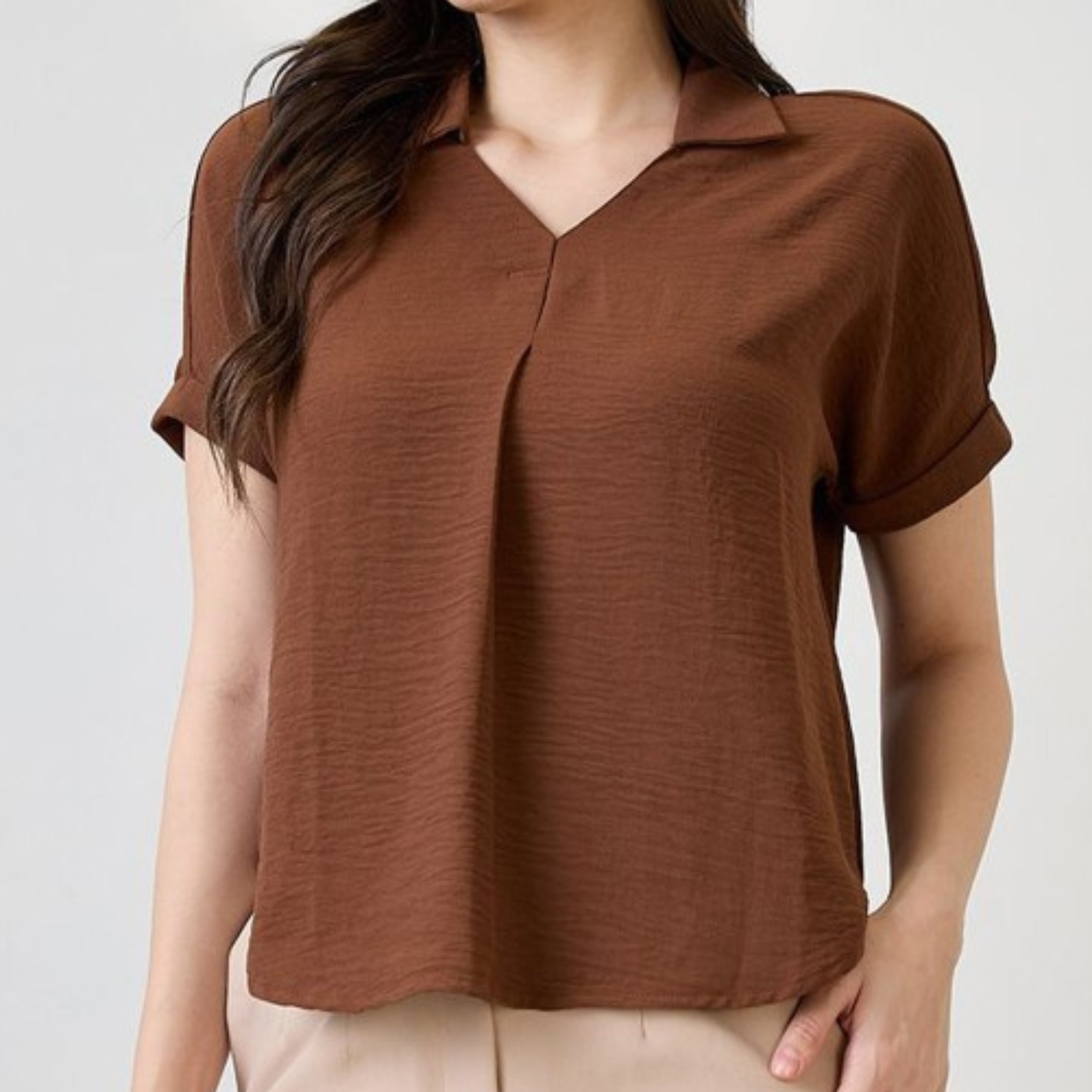 Brown Collared Short Sleeve Top