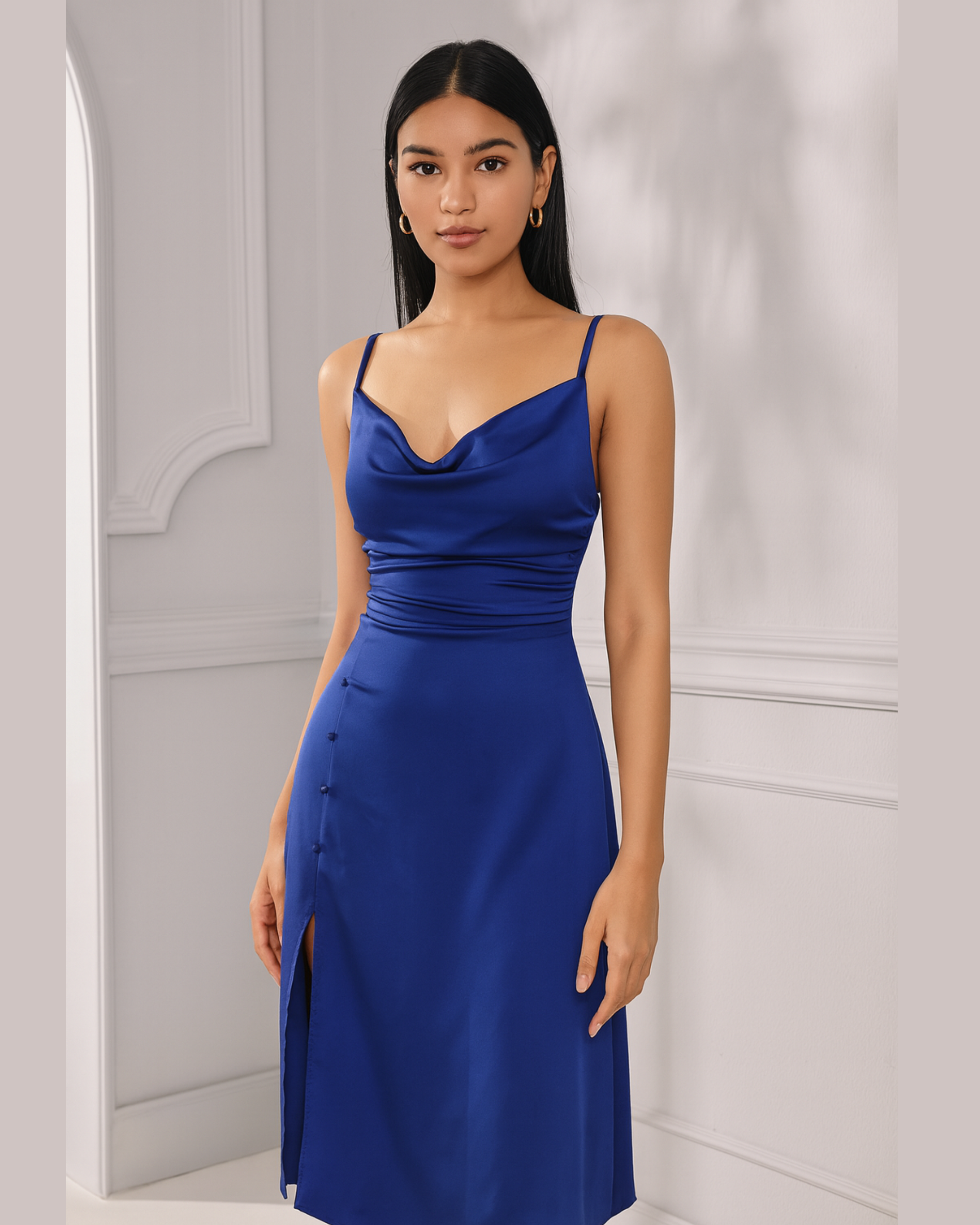 Navy Blue Solid Draped Cowl Neck Midi Dress with Slit Detail