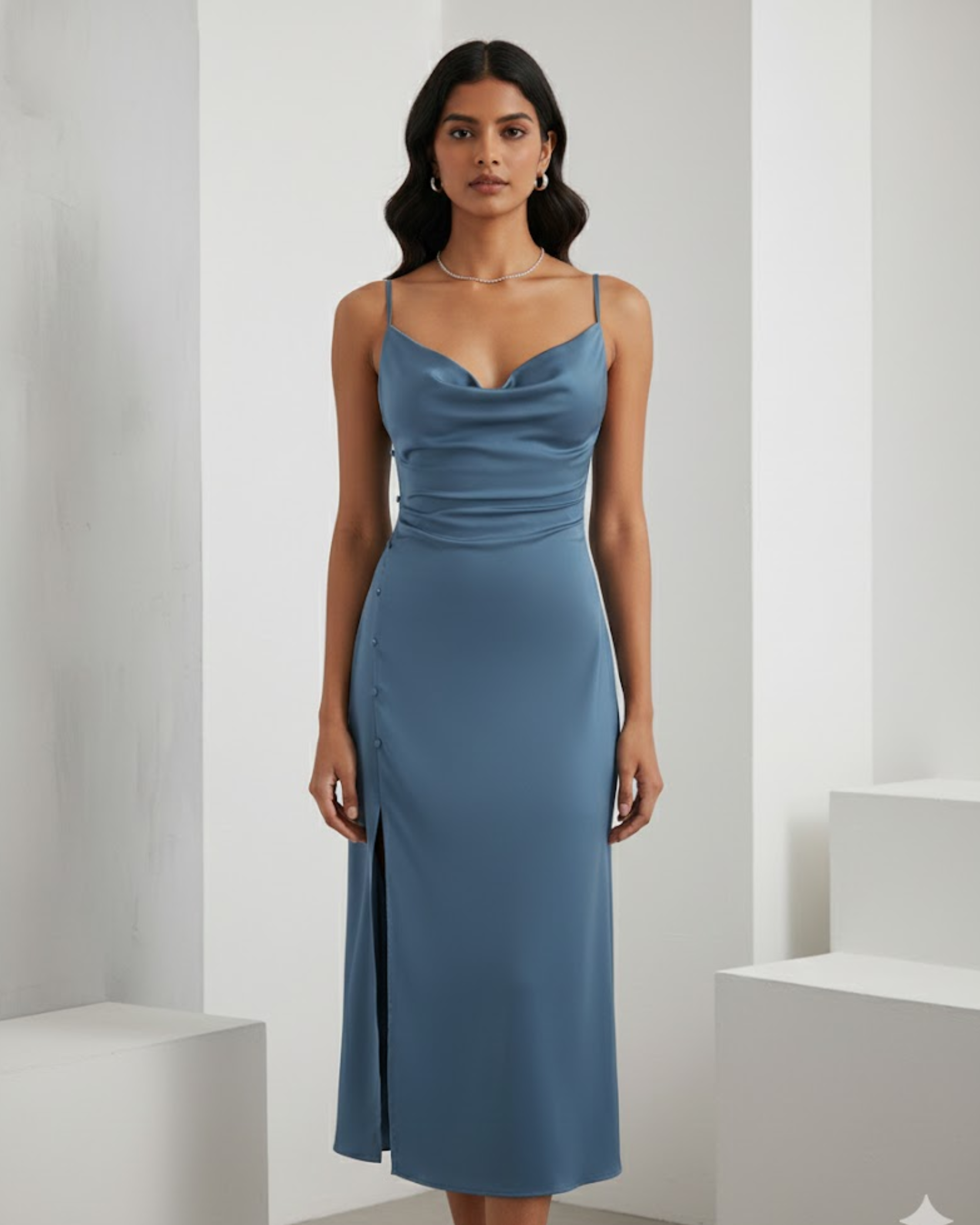 Solid Draped Cowl Neck Midi Dress with Slit Detail