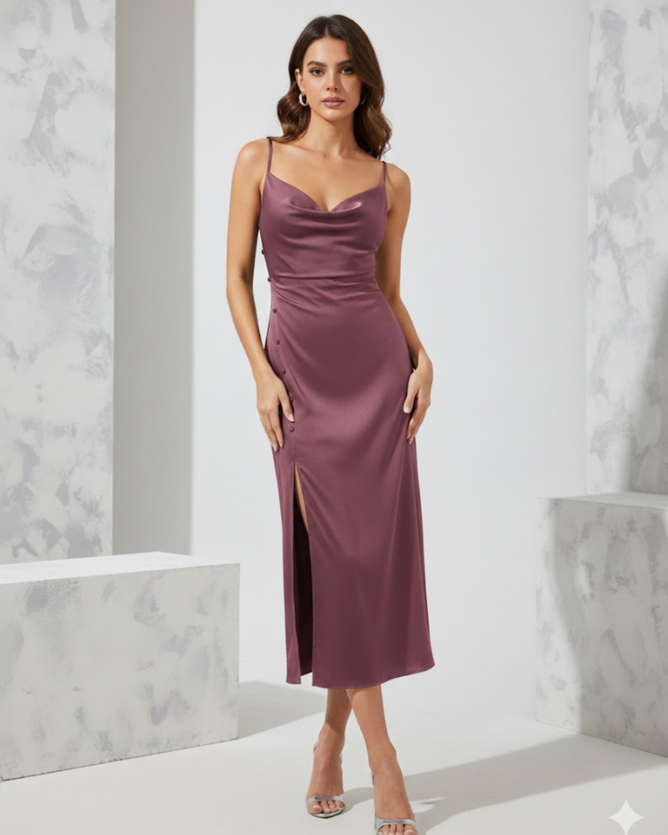 Purple Solid Draped Cowl Neck Midi Dress with Slit Detail