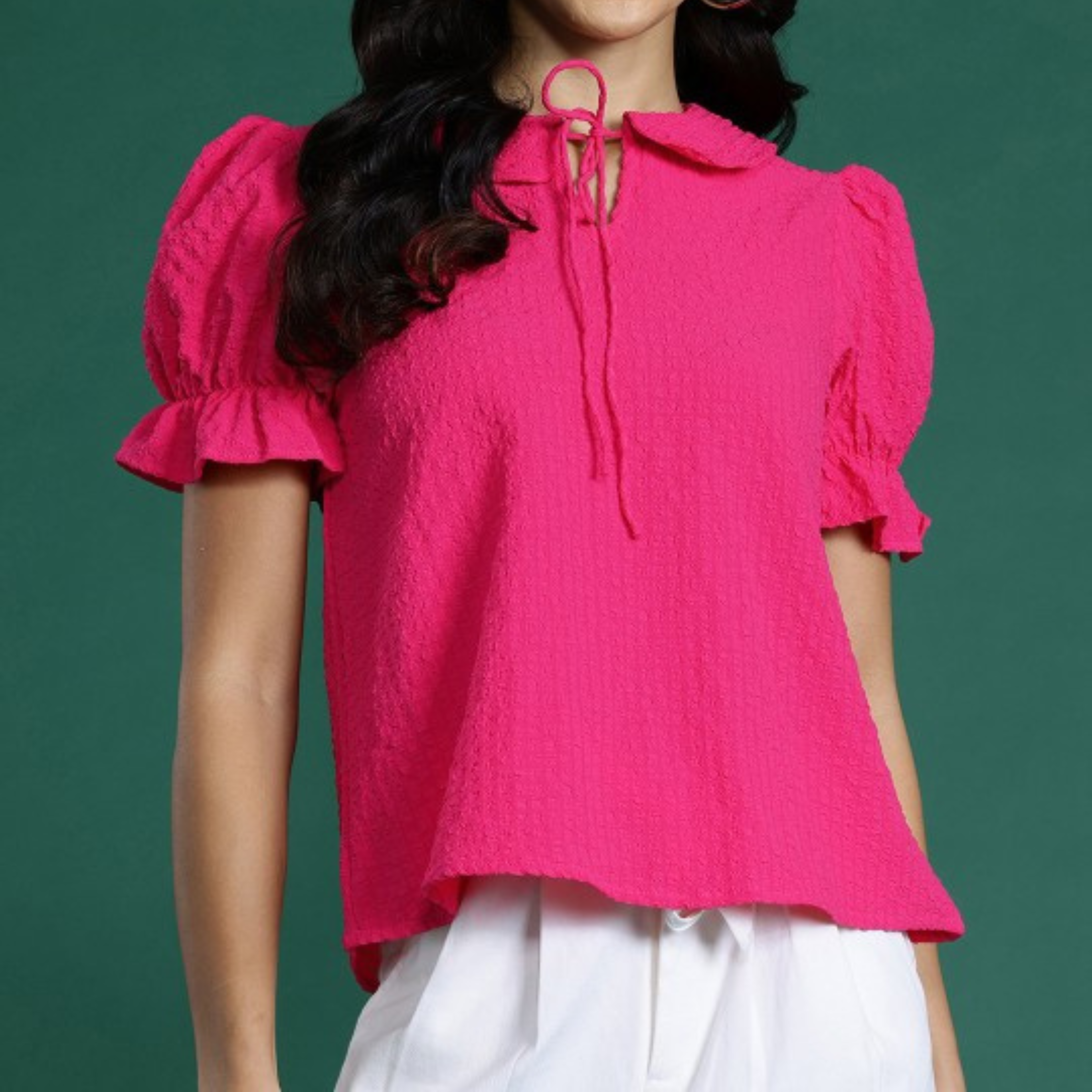 Hot Pink Puff Sleeve Tie-Neck Top