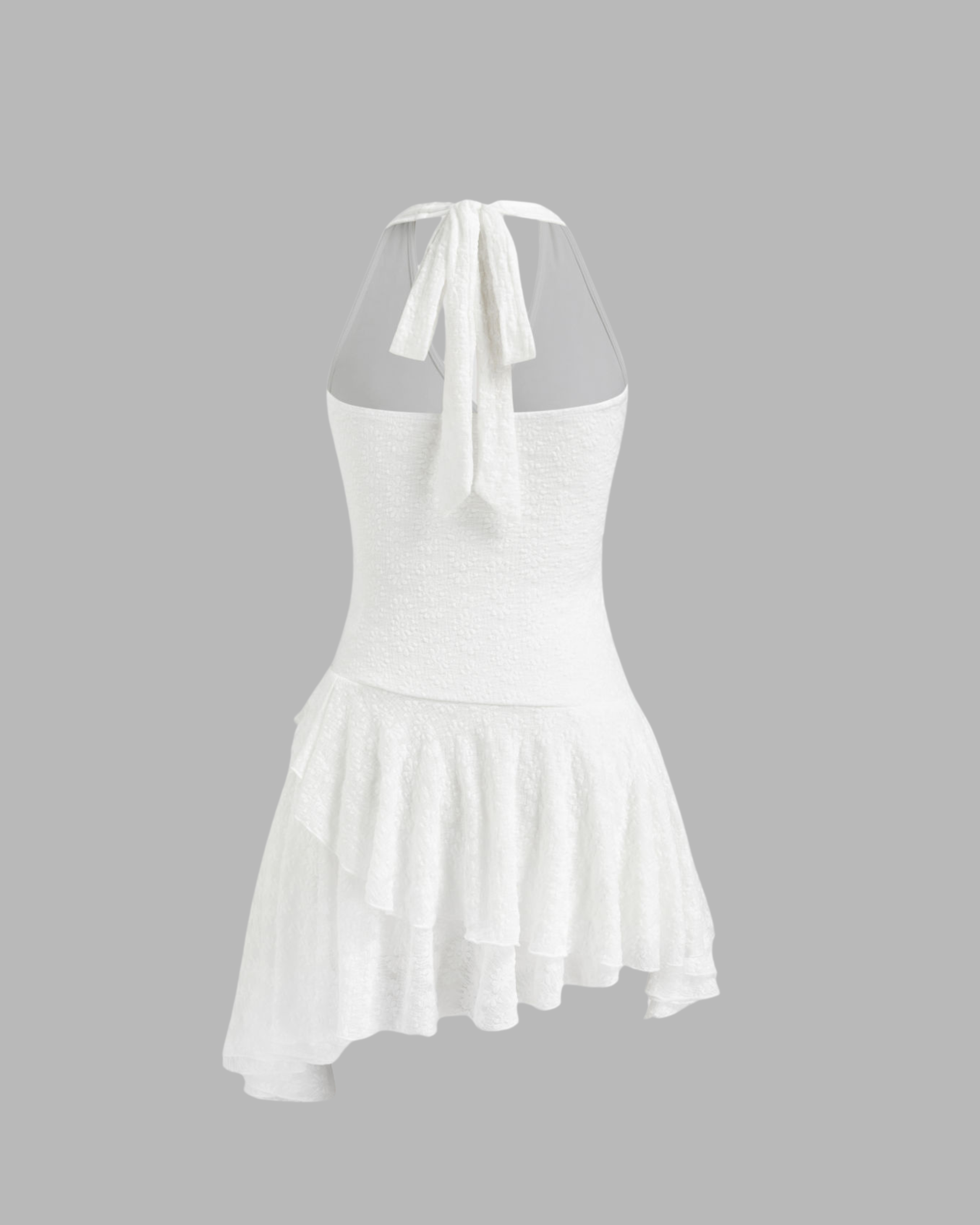 Lace Halter-Neck Mini Dress with Knotted Waist, Metal Accent, and Asymmetrical Hem.