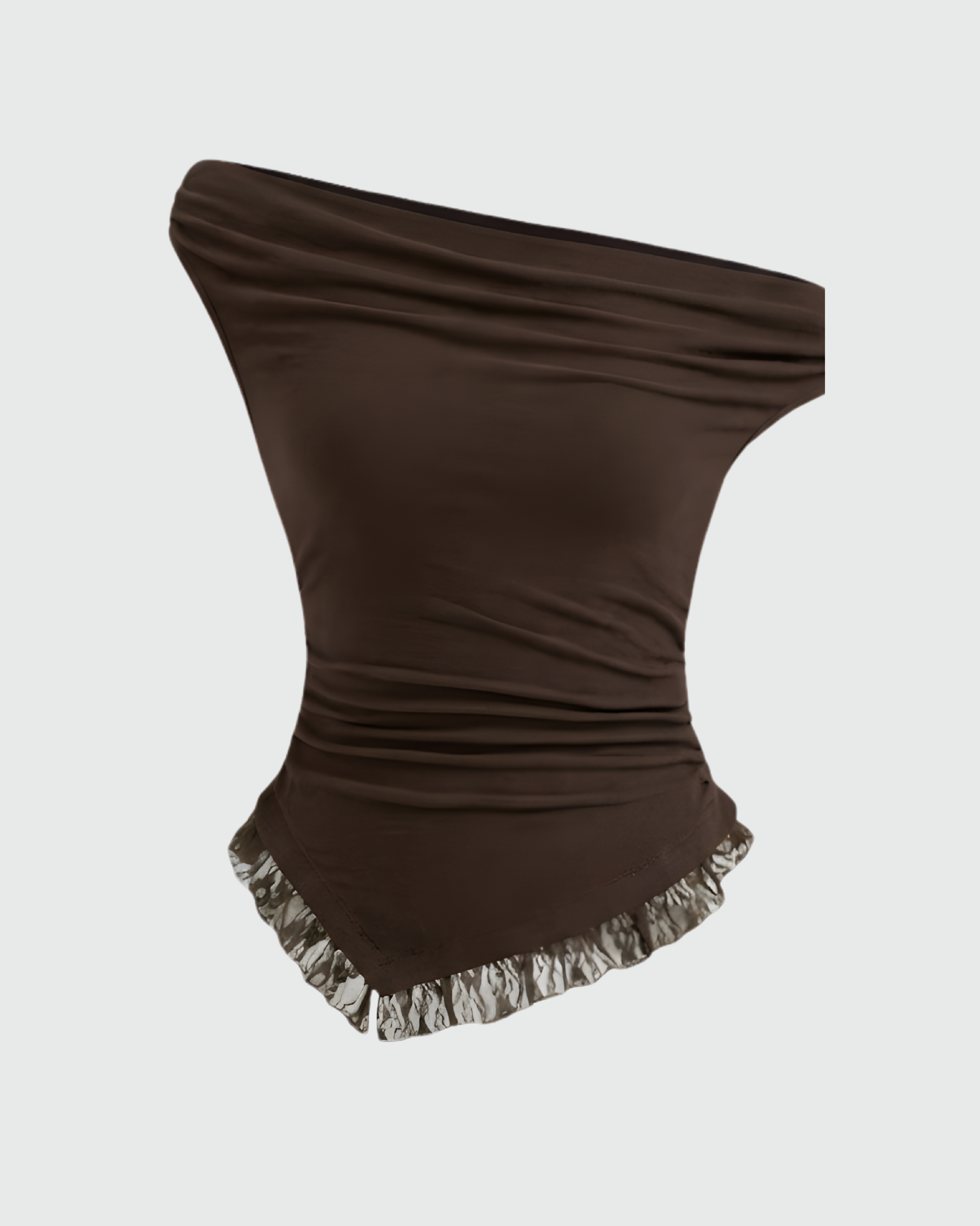 Asymmetrical Neck Lace Trim Ruched Top-Coffee