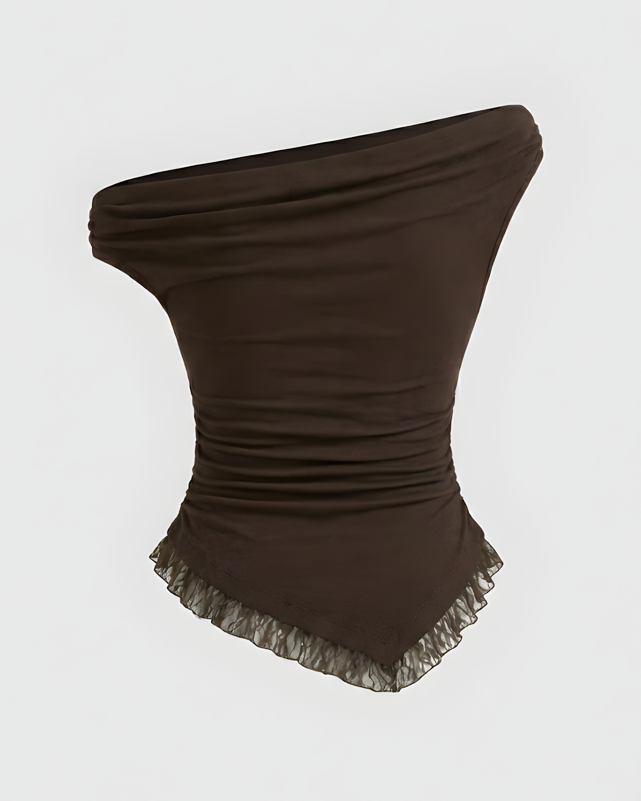 Asymmetrical Neck Lace Trim Ruched Top-Coffee