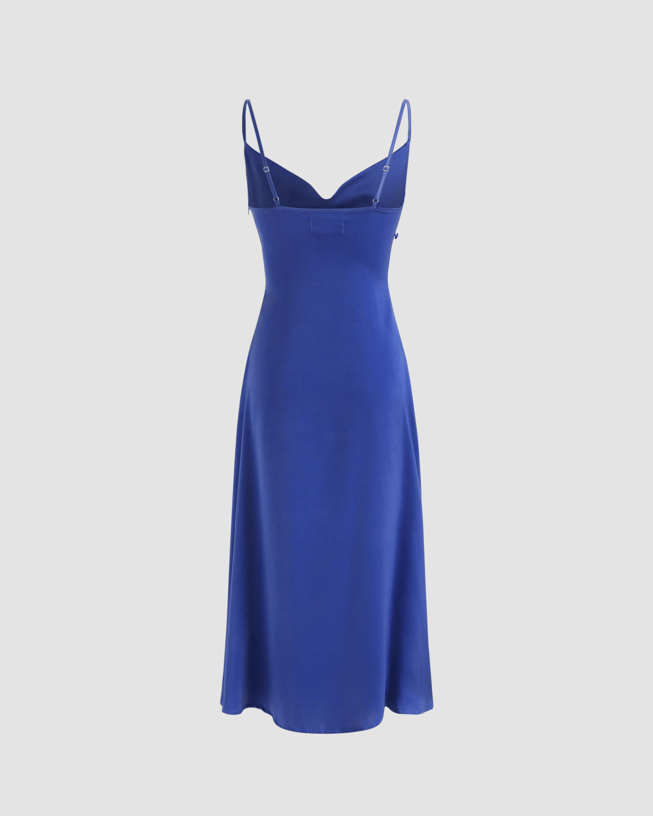 Navy Blue Solid Draped Cowl Neck Midi Dress with Slit Detail