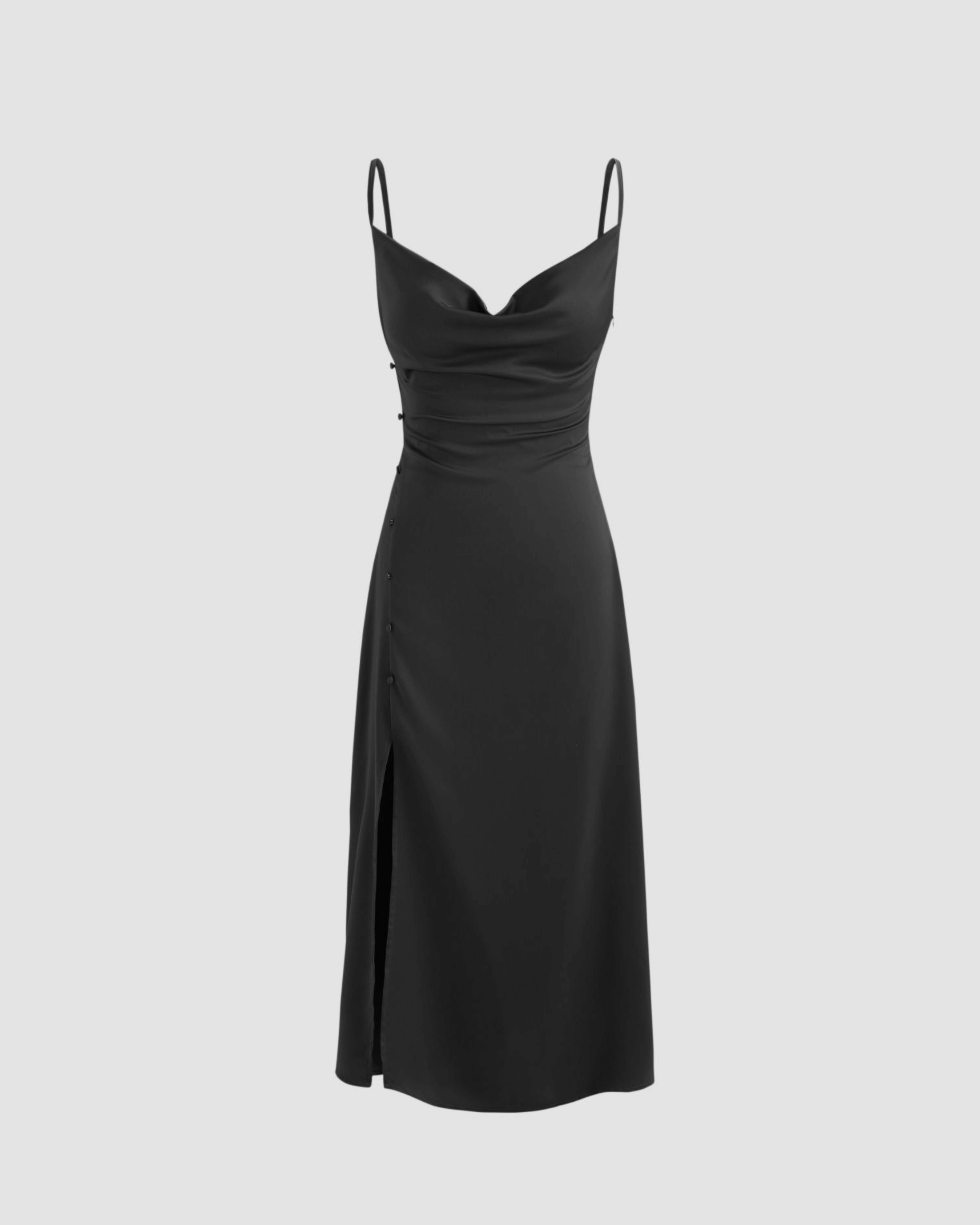 Black Solid Draped Cowl Neck Midi Dress with Slit Detail