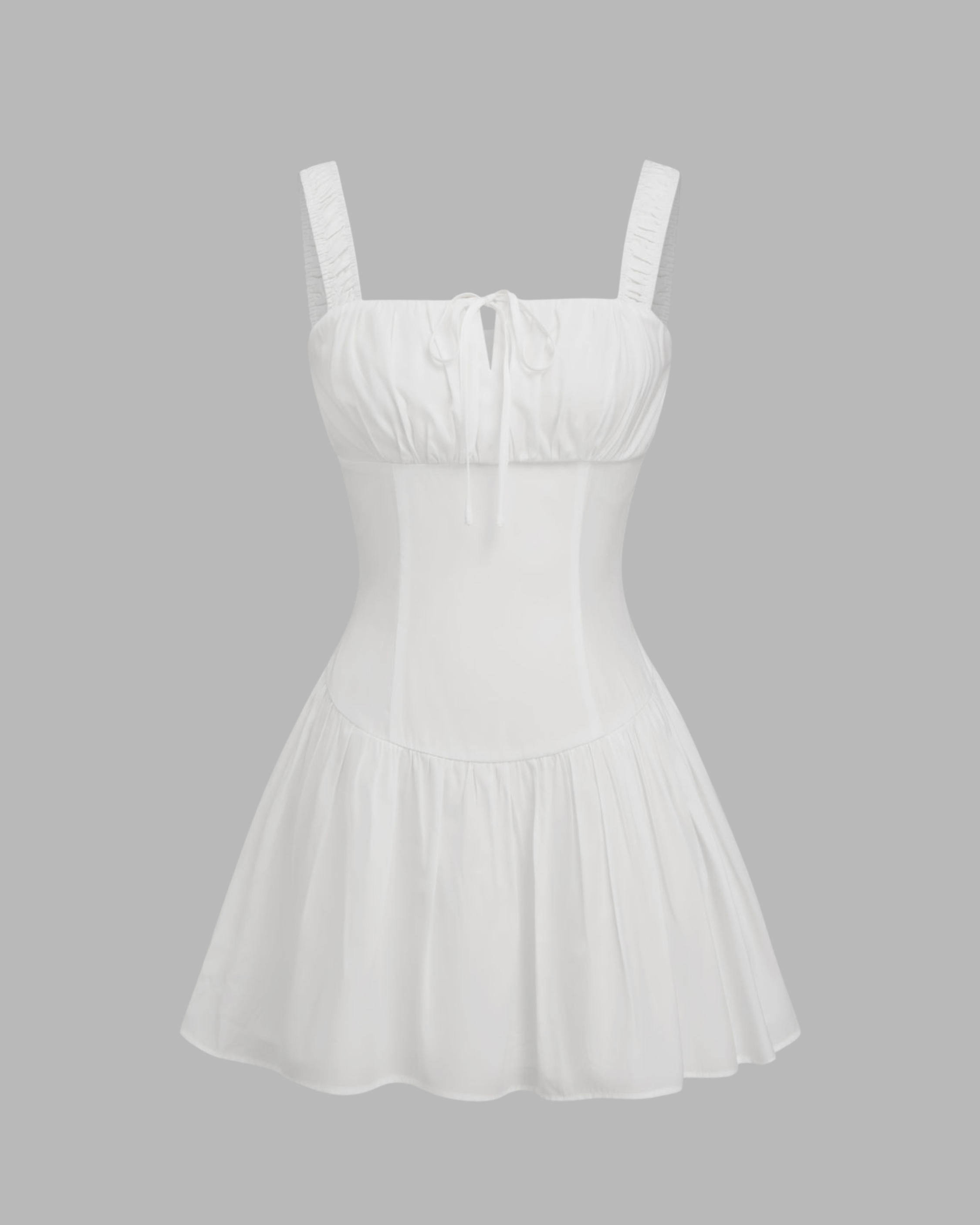Square-Neck Mini Dress with Ruffled, Knotted Ruched Straps