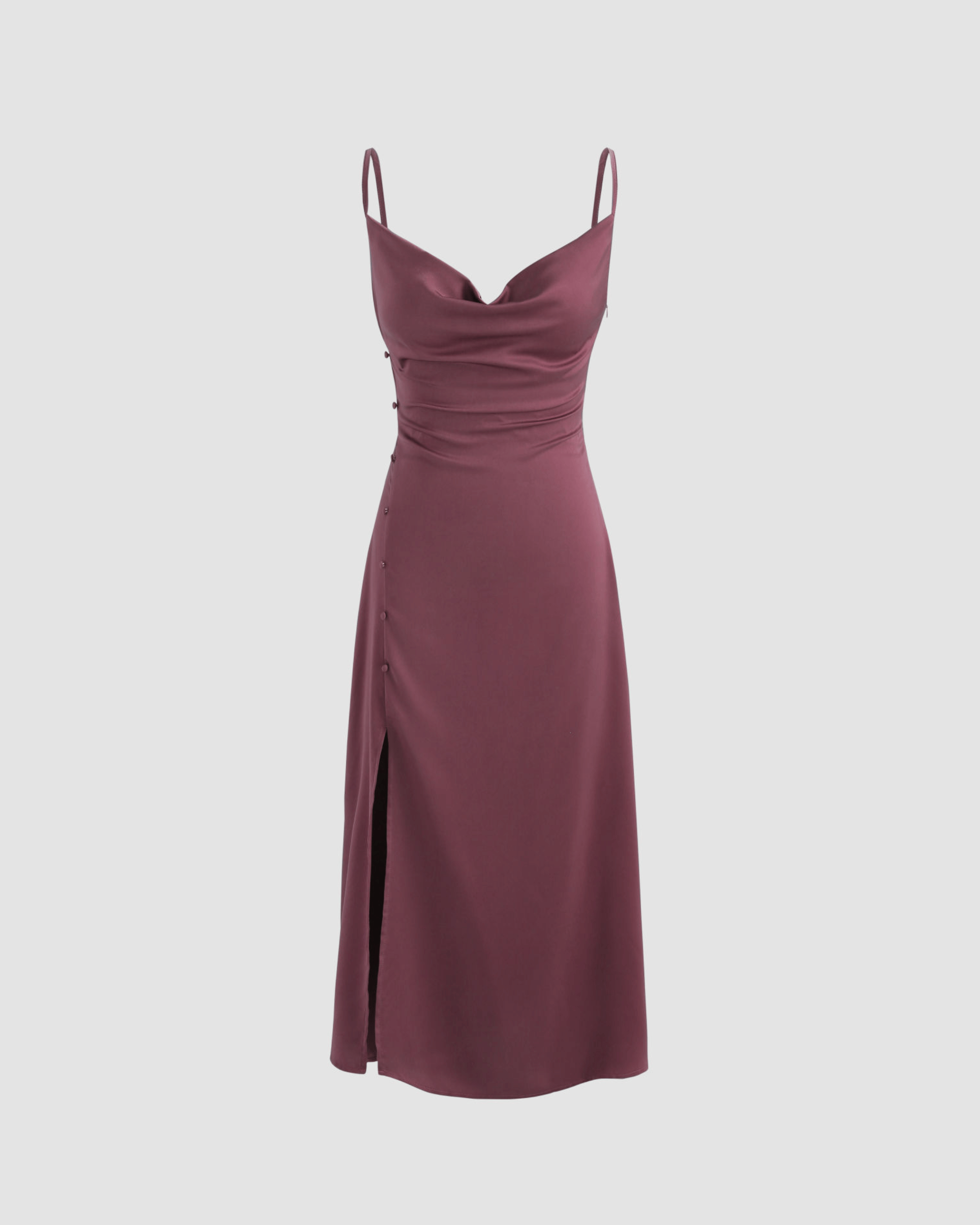 Purple Solid Draped Cowl Neck Midi Dress with Slit Detail