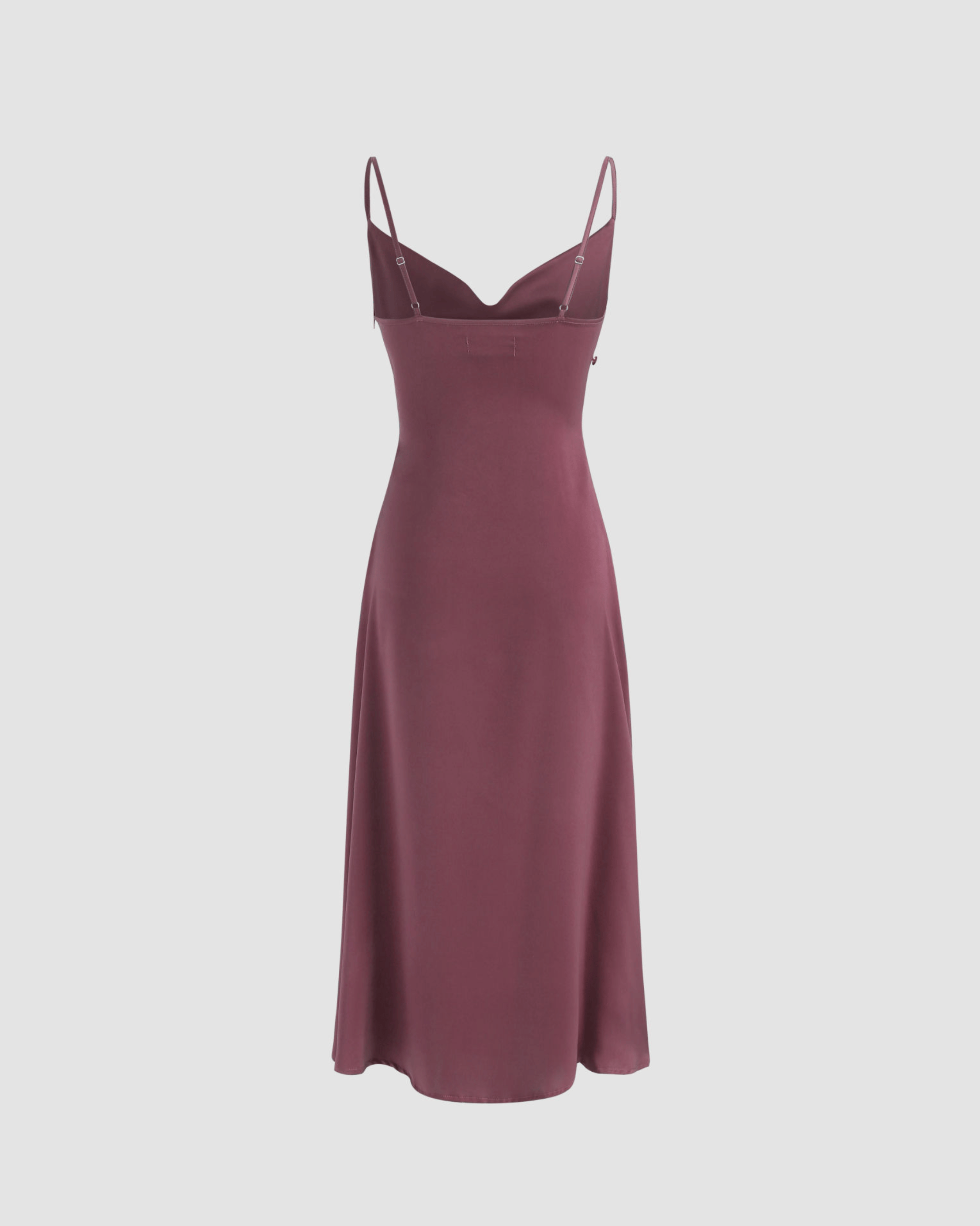 Purple Solid Draped Cowl Neck Midi Dress with Slit Detail