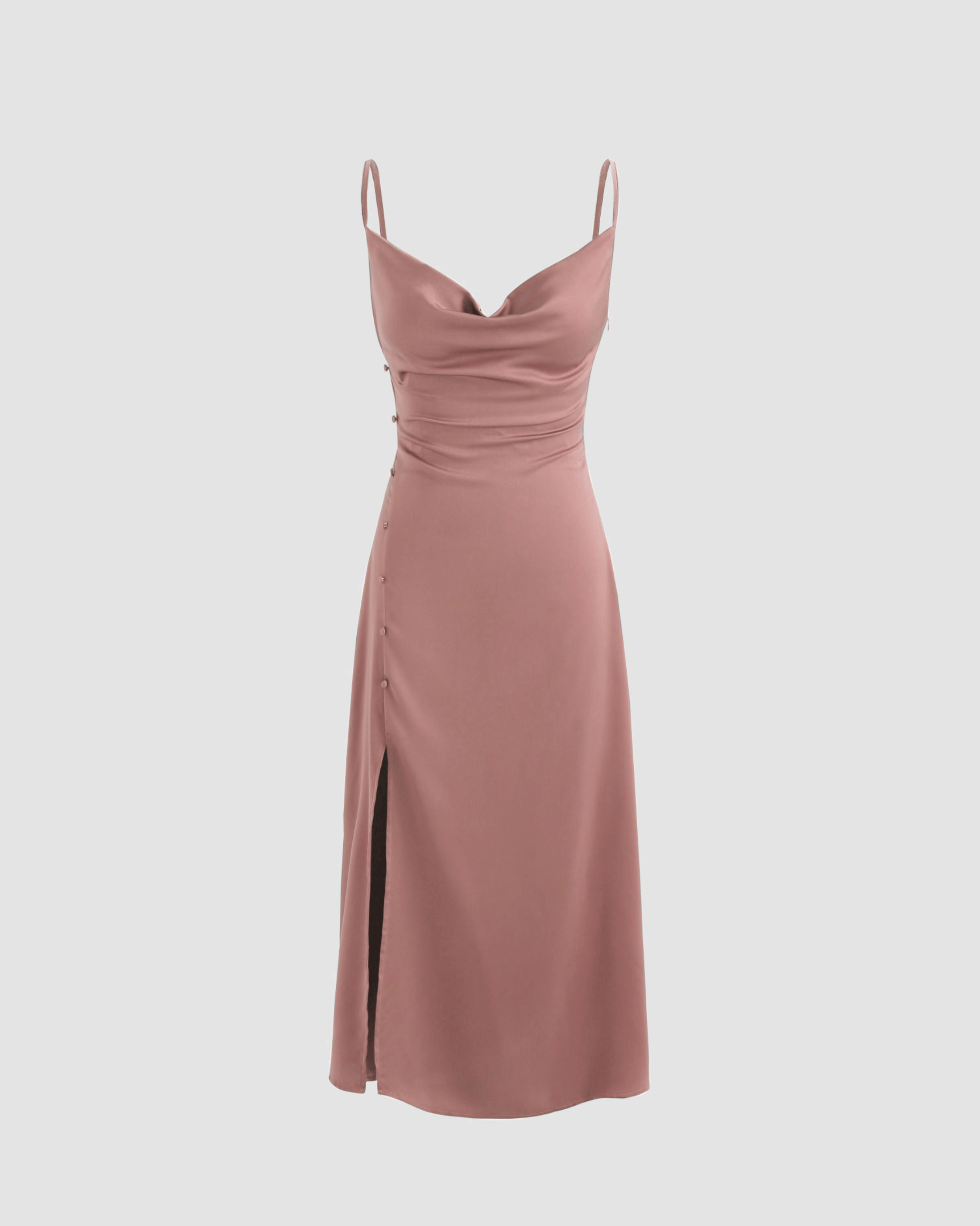 Pink Solid Draped Cowl Neck Midi Dress with Slit Detail