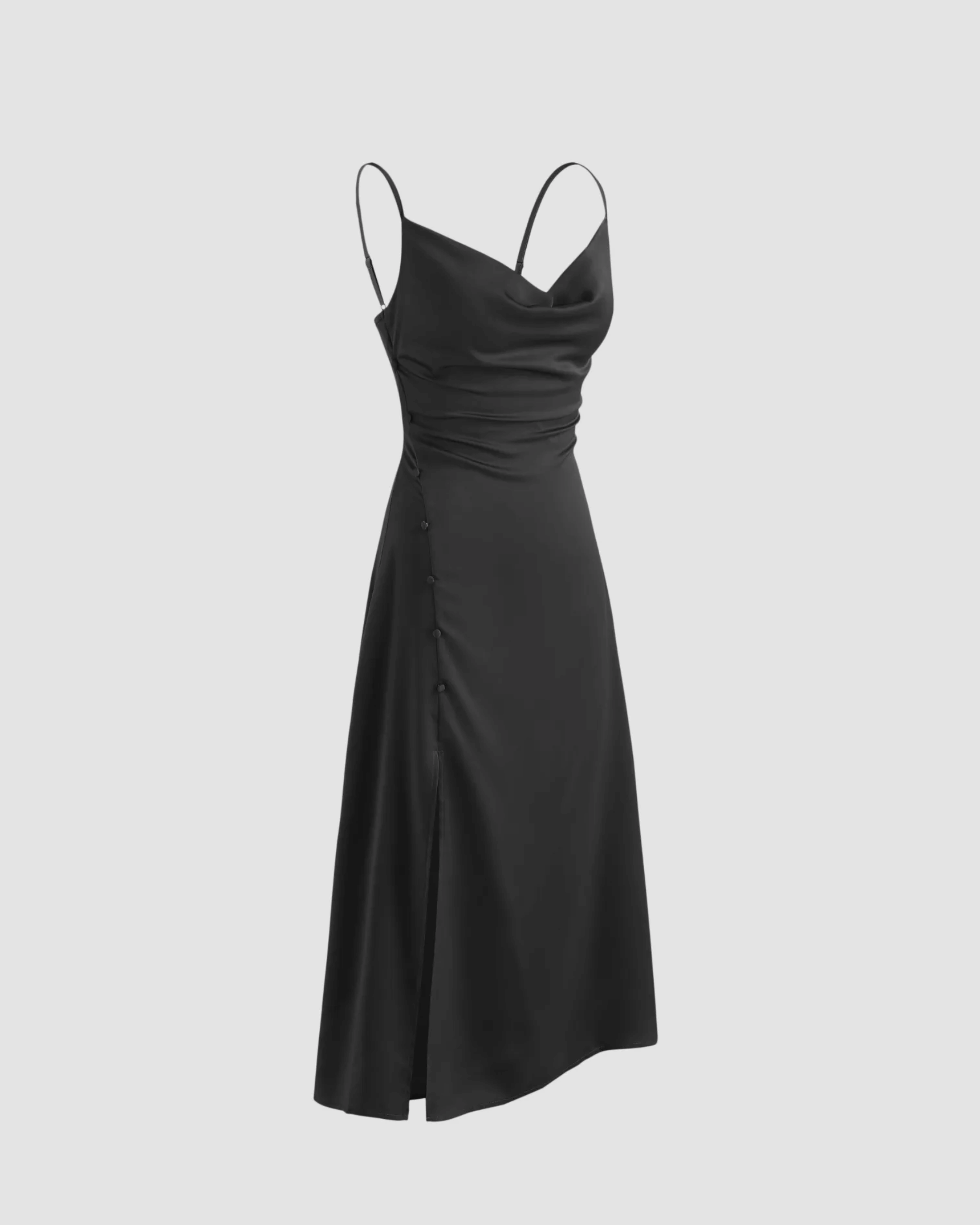 Black Solid Draped Cowl Neck Midi Dress with Slit Detail