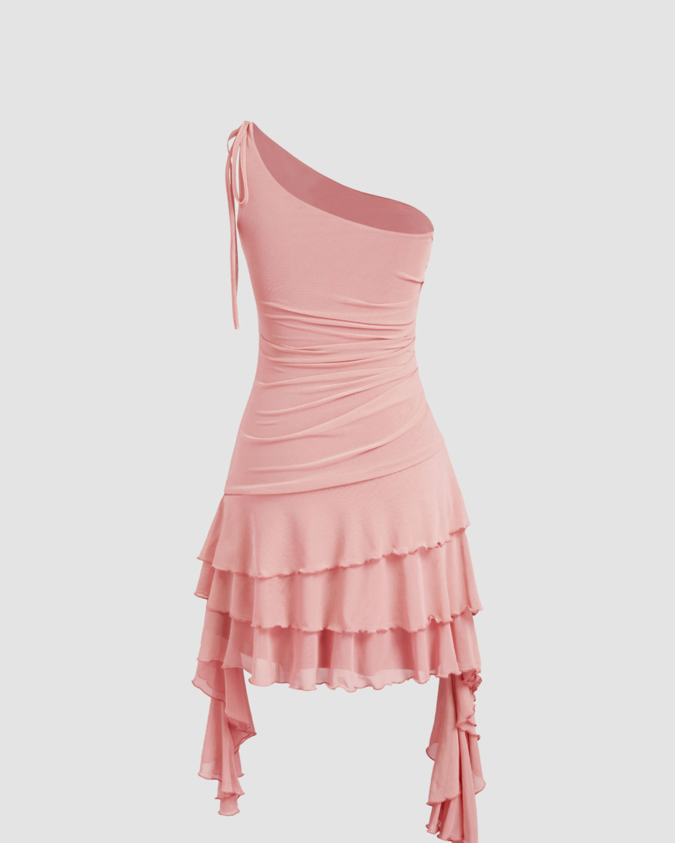 Solid Mesh Asymmetrical Neck Mini Dress with Tiered Ruffle Hem for Women