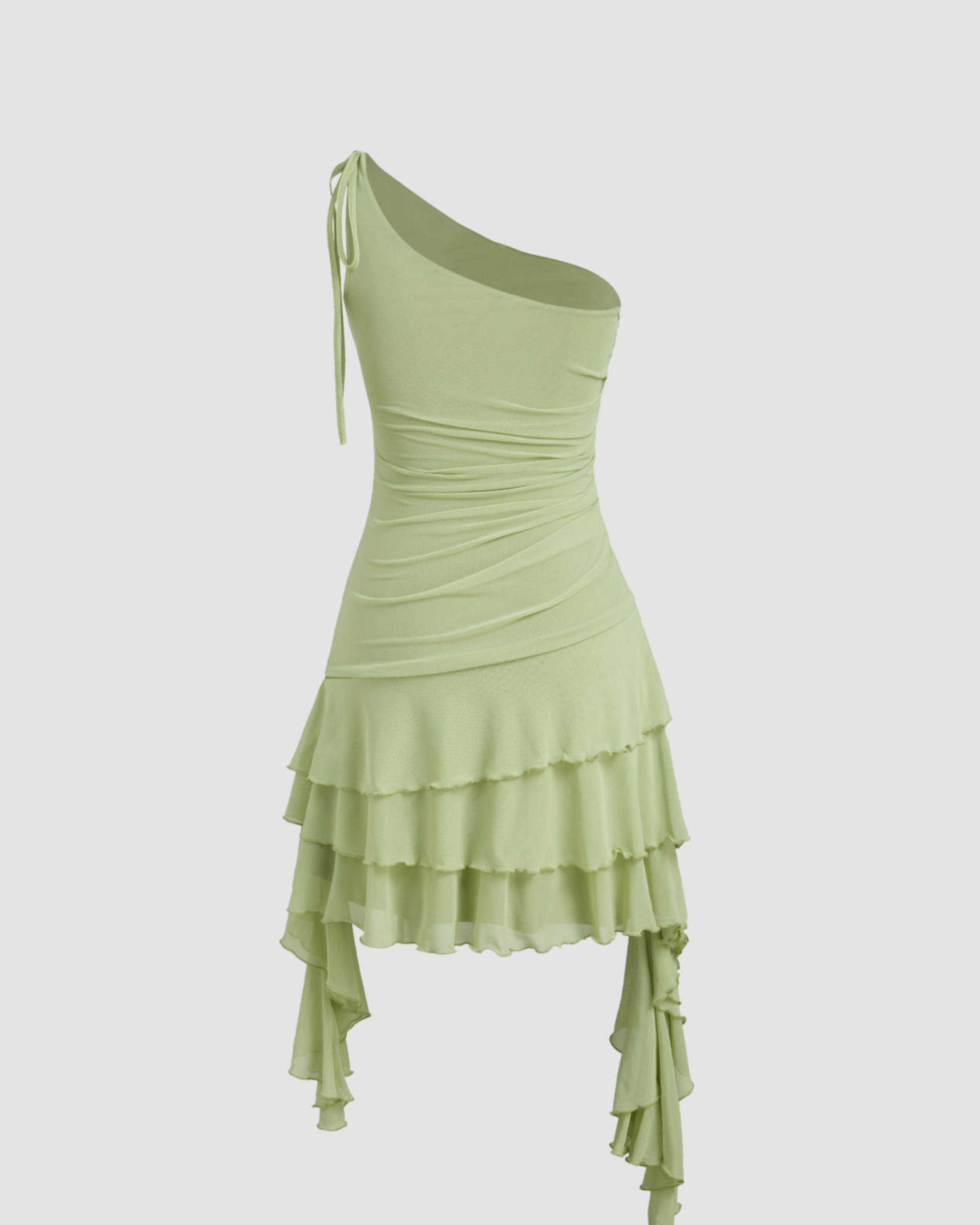 Women’s Solid Mesh Asymmetrical Neck Mini Dress with Layered Ruffle Hem.