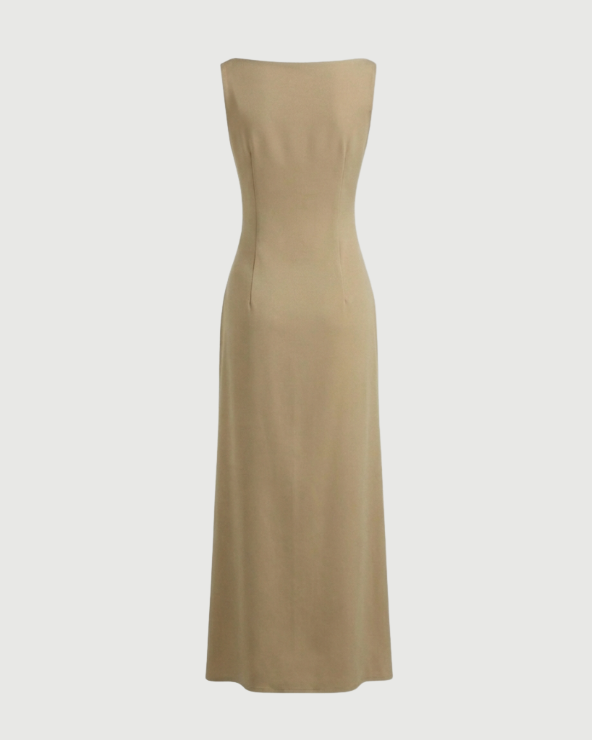 Boat Neck Solid Maxi Dress-Beige
