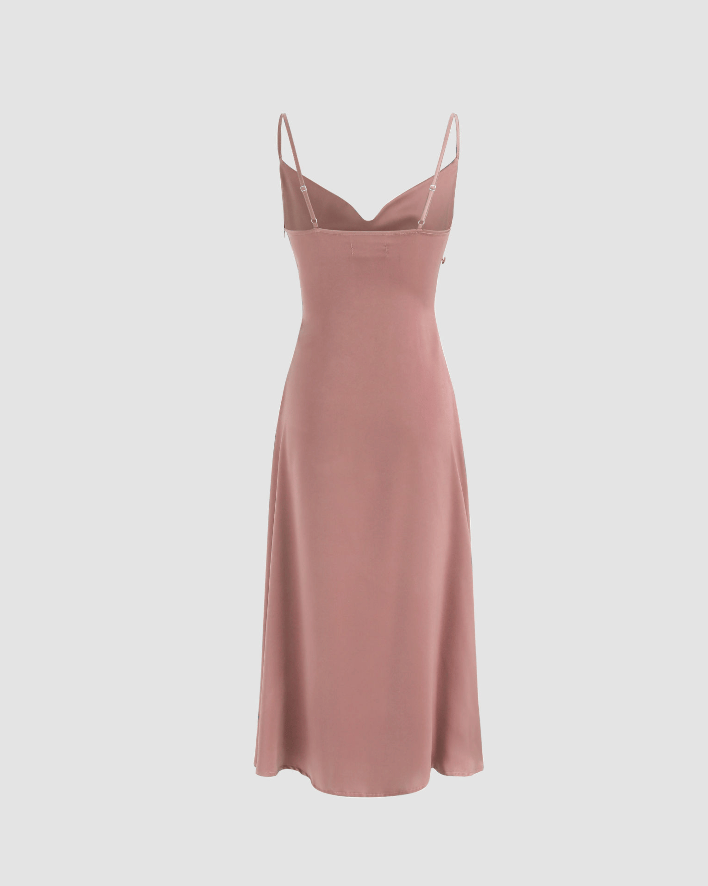 Pink Solid Draped Cowl Neck Midi Dress with Slit Detail