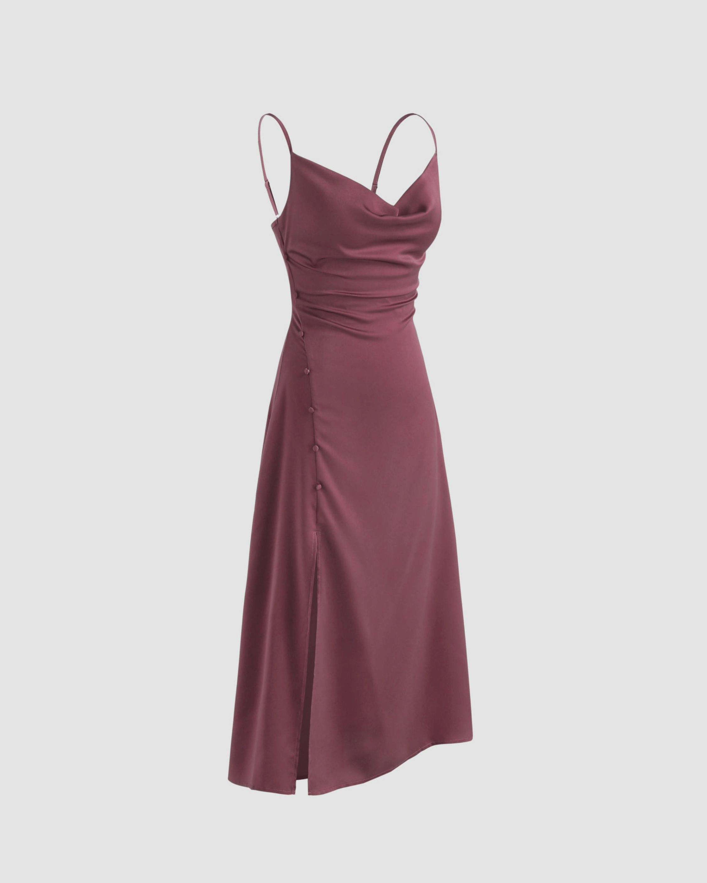 Purple Solid Draped Cowl Neck Midi Dress with Slit Detail