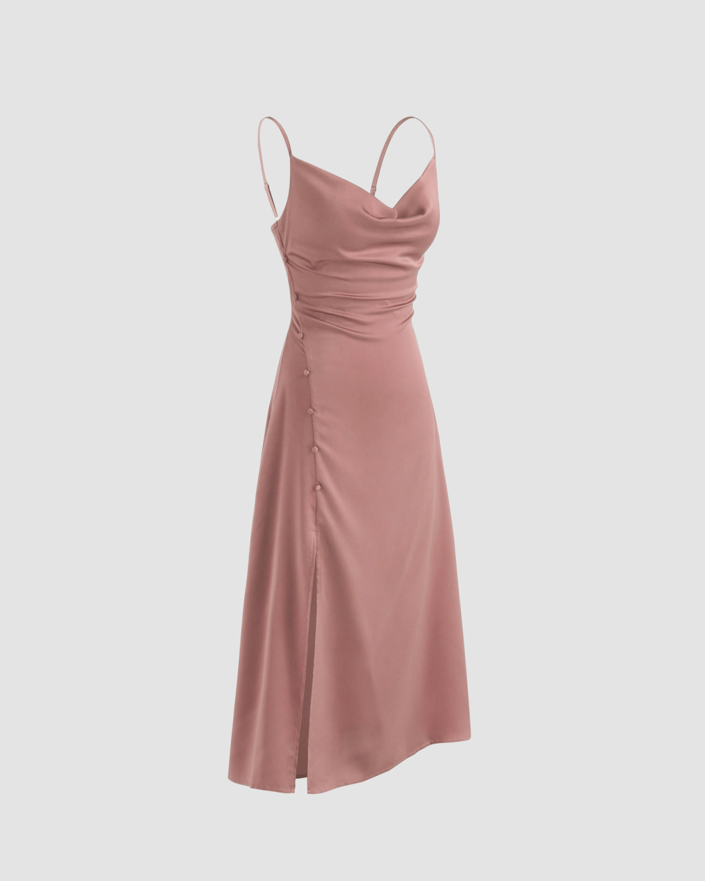 Pink Solid Draped Cowl Neck Midi Dress with Slit Detail