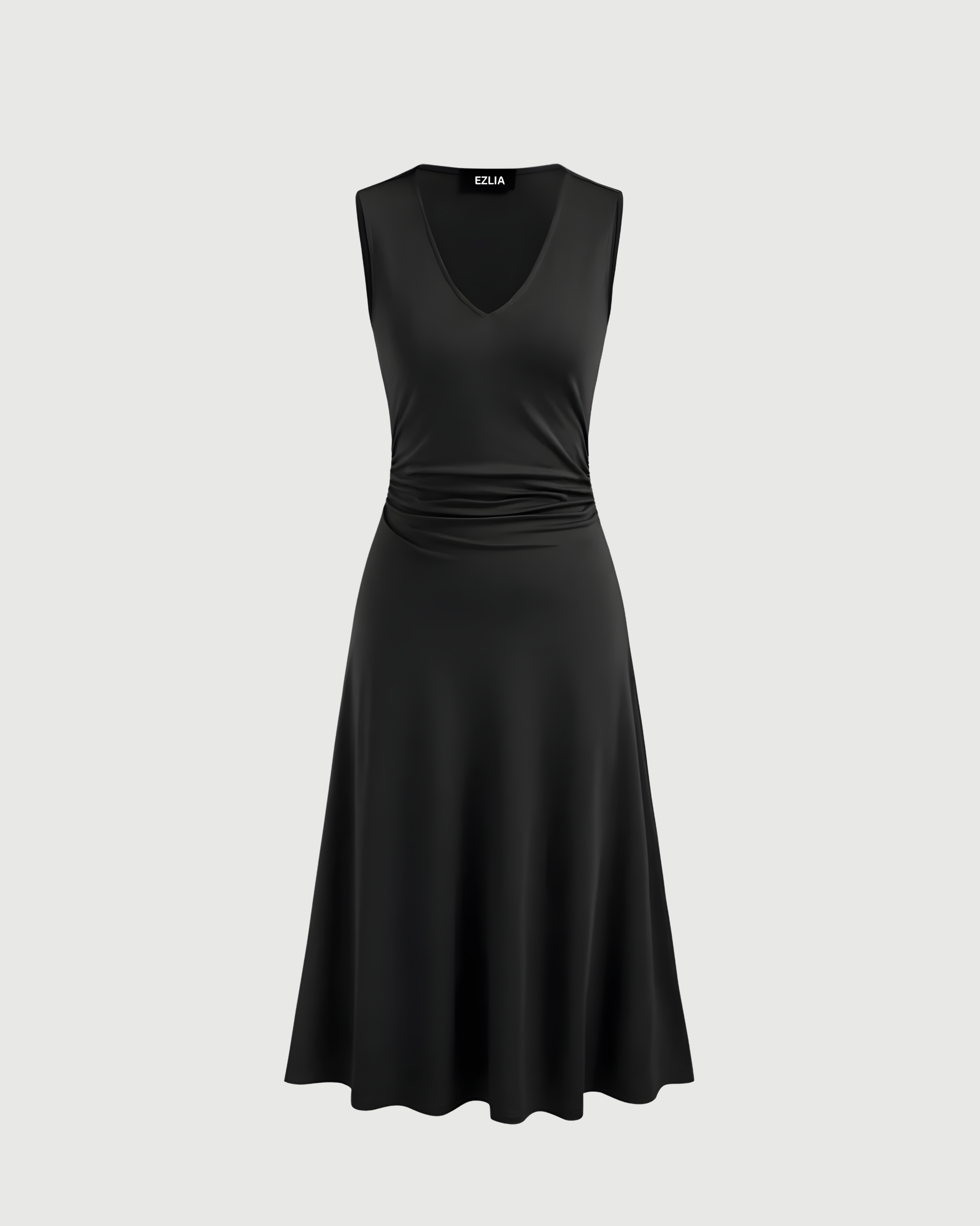 Elegant V-Neck Ruched Maxi Gown - Black