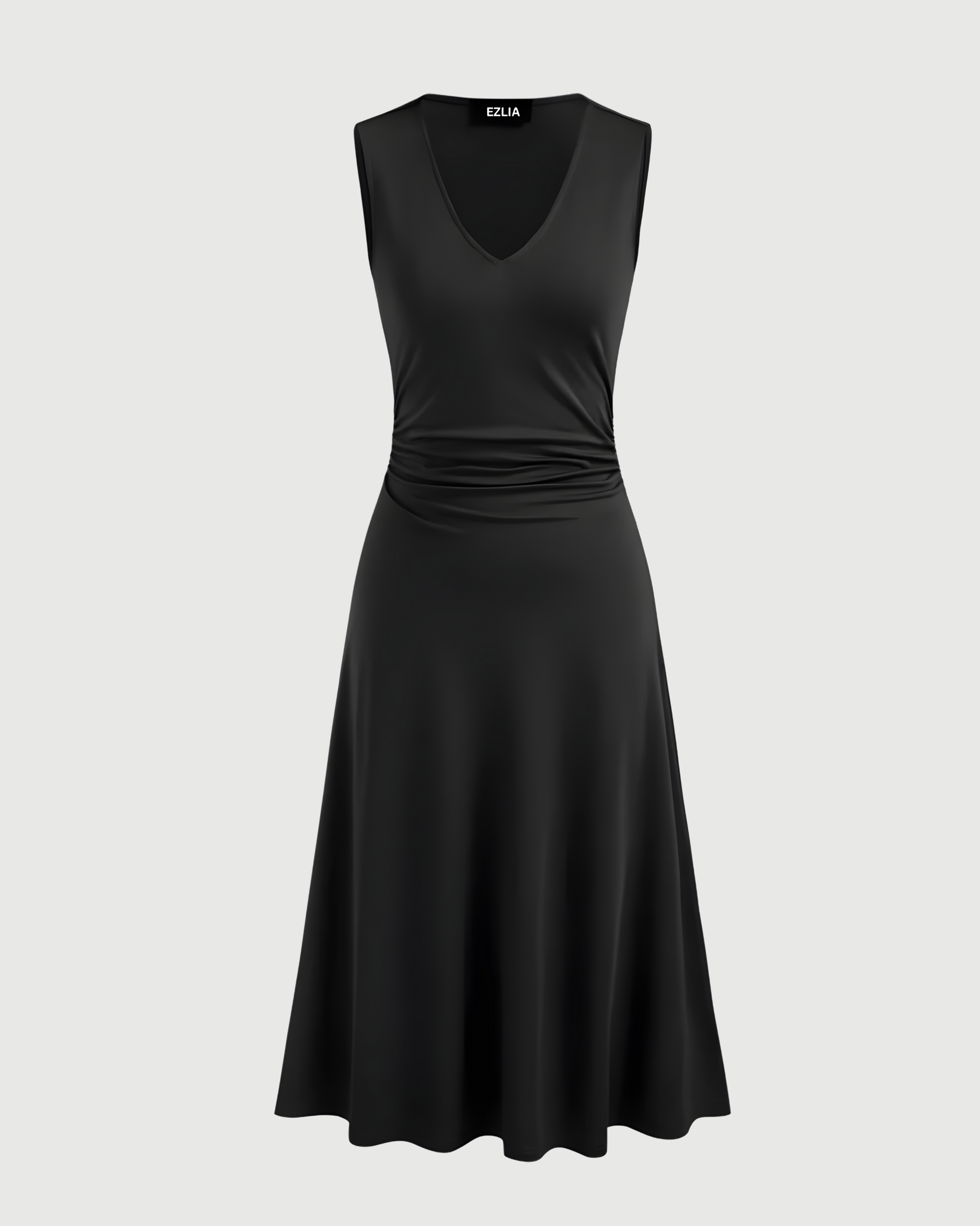 Elegant V-Neck Ruched Maxi Gown - Black