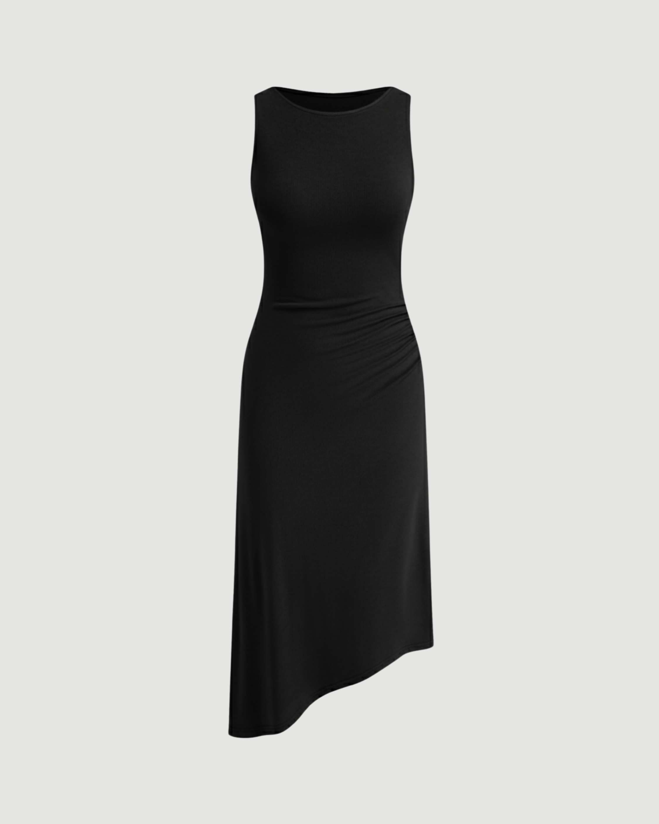 Asymmetric Boat-Neck Draped Midi Dress - Black