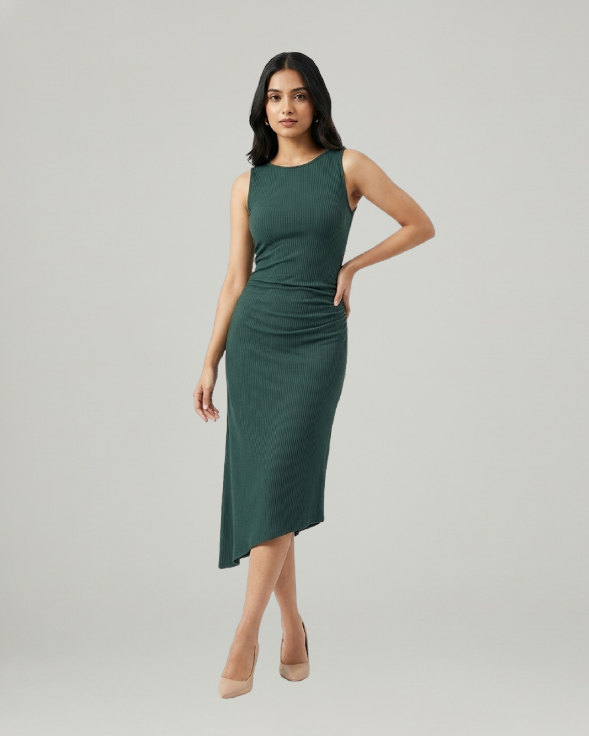Asymmetric Boat-Neck Draped Midi Dress-Dark Green