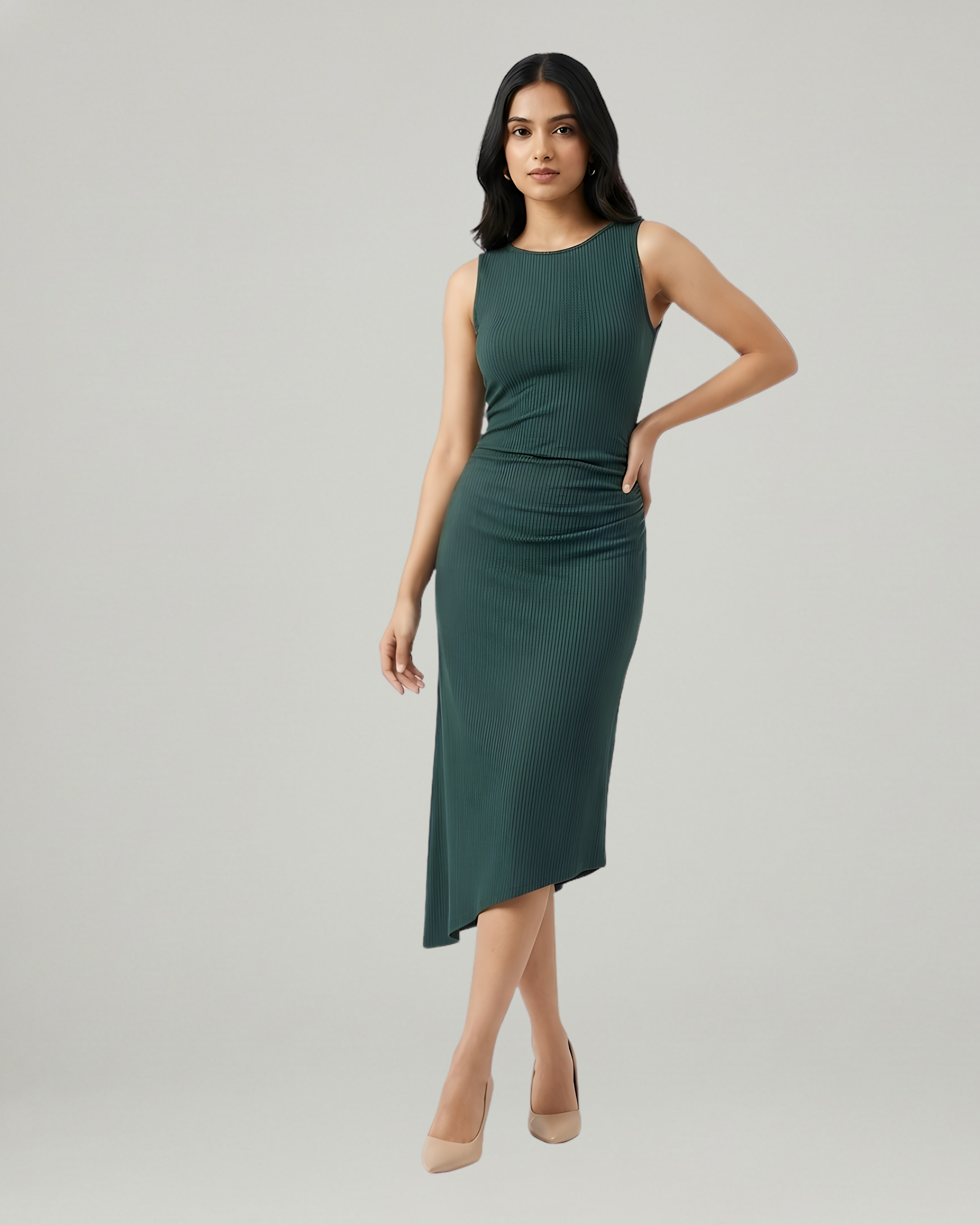 Asymmetric Boat-Neck Draped Midi Dress-Dark Green