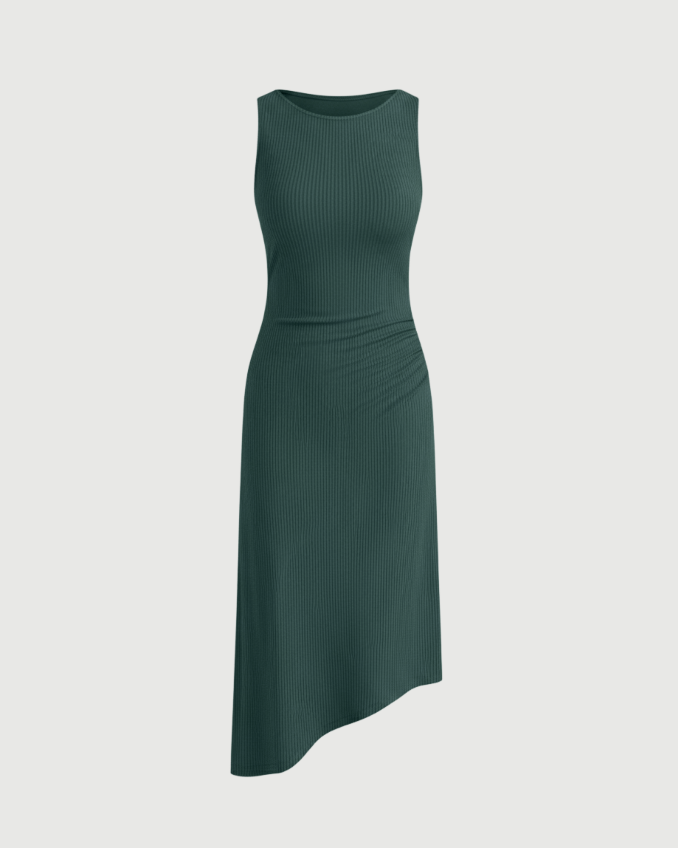 Asymmetric Boat-Neck Draped Midi Dress-Dark Green