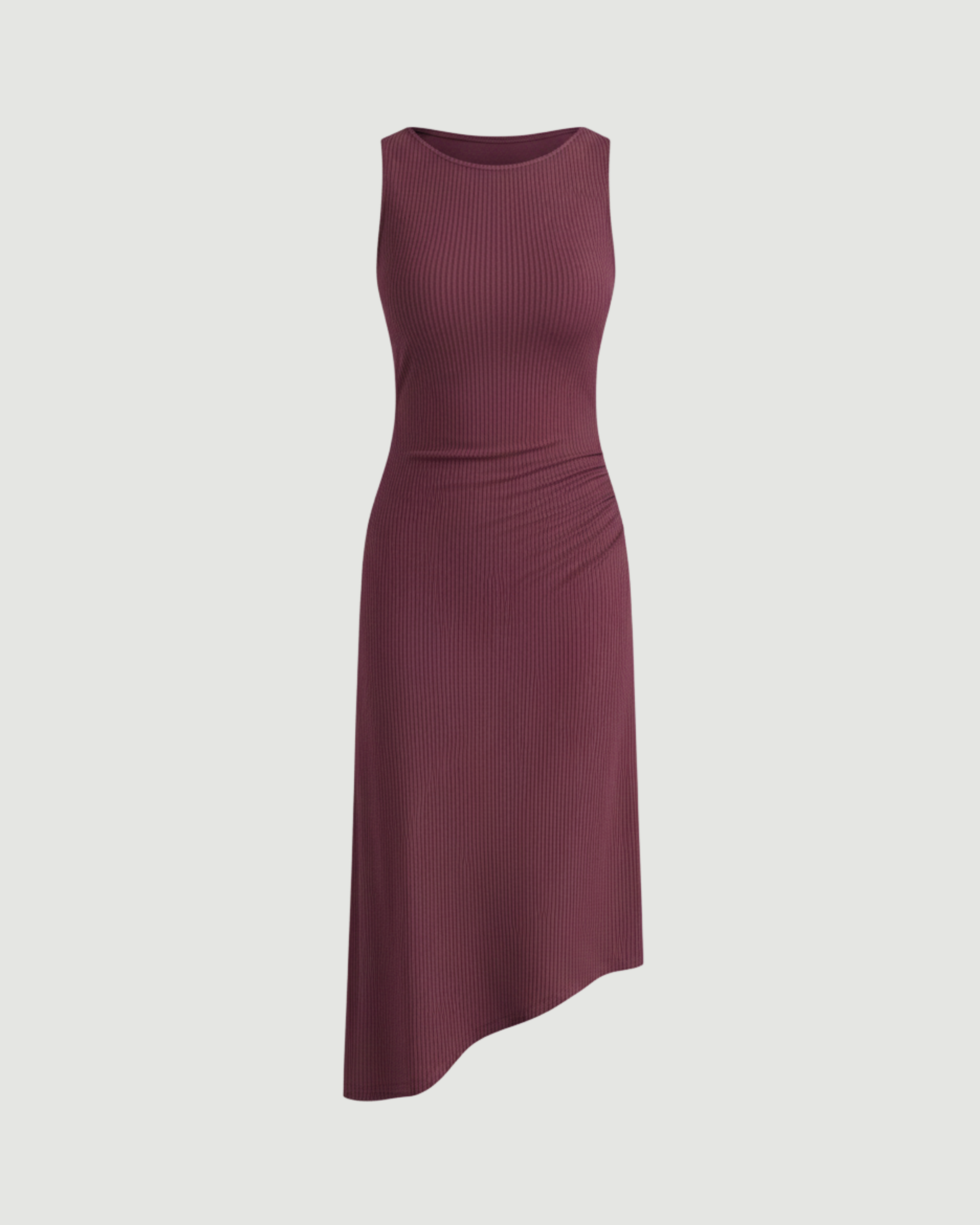 Asymmetric Boat-Neck Draped Midi Dress-Maroon