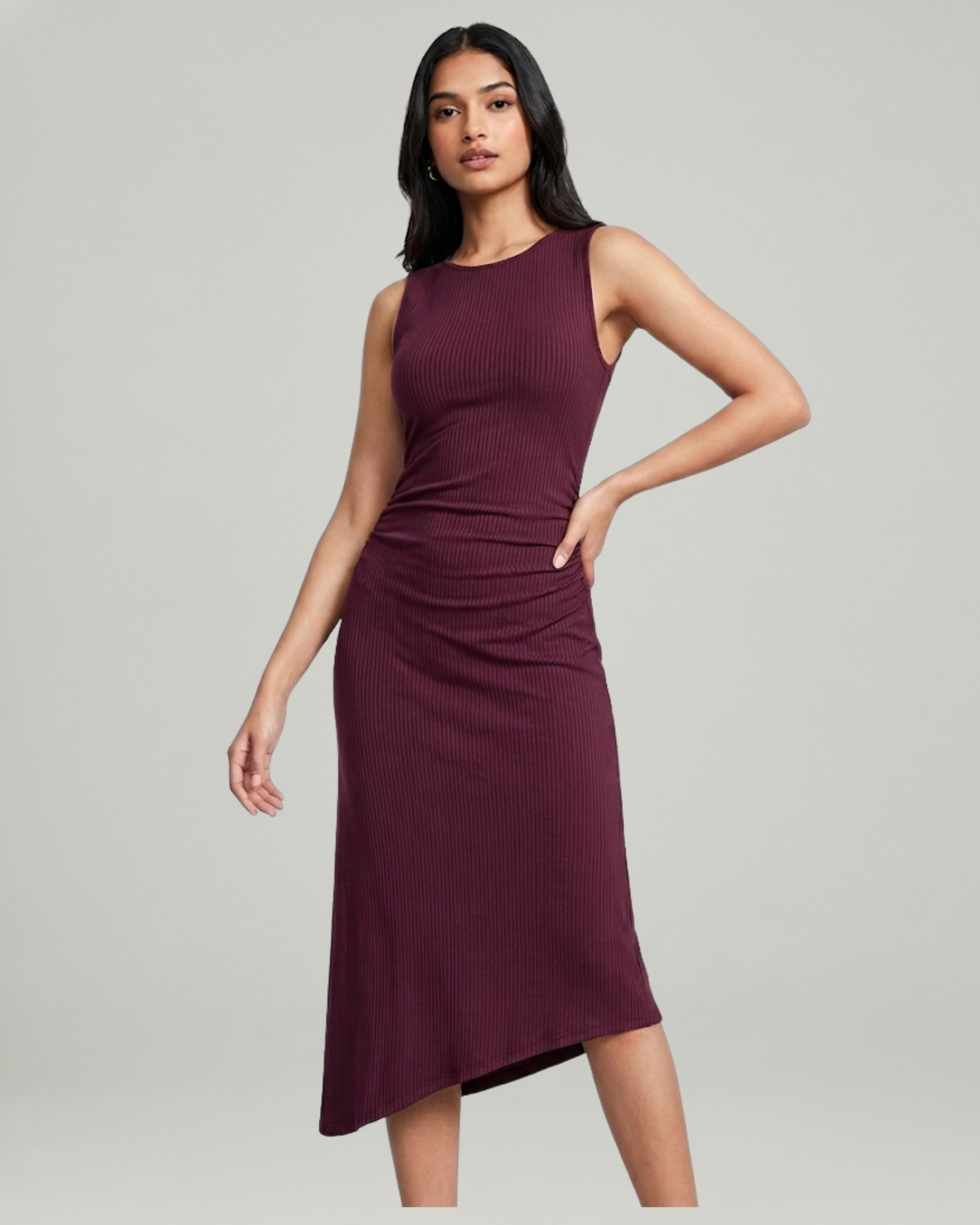 Asymmetric Boat-Neck Draped Midi Dress-Maroon