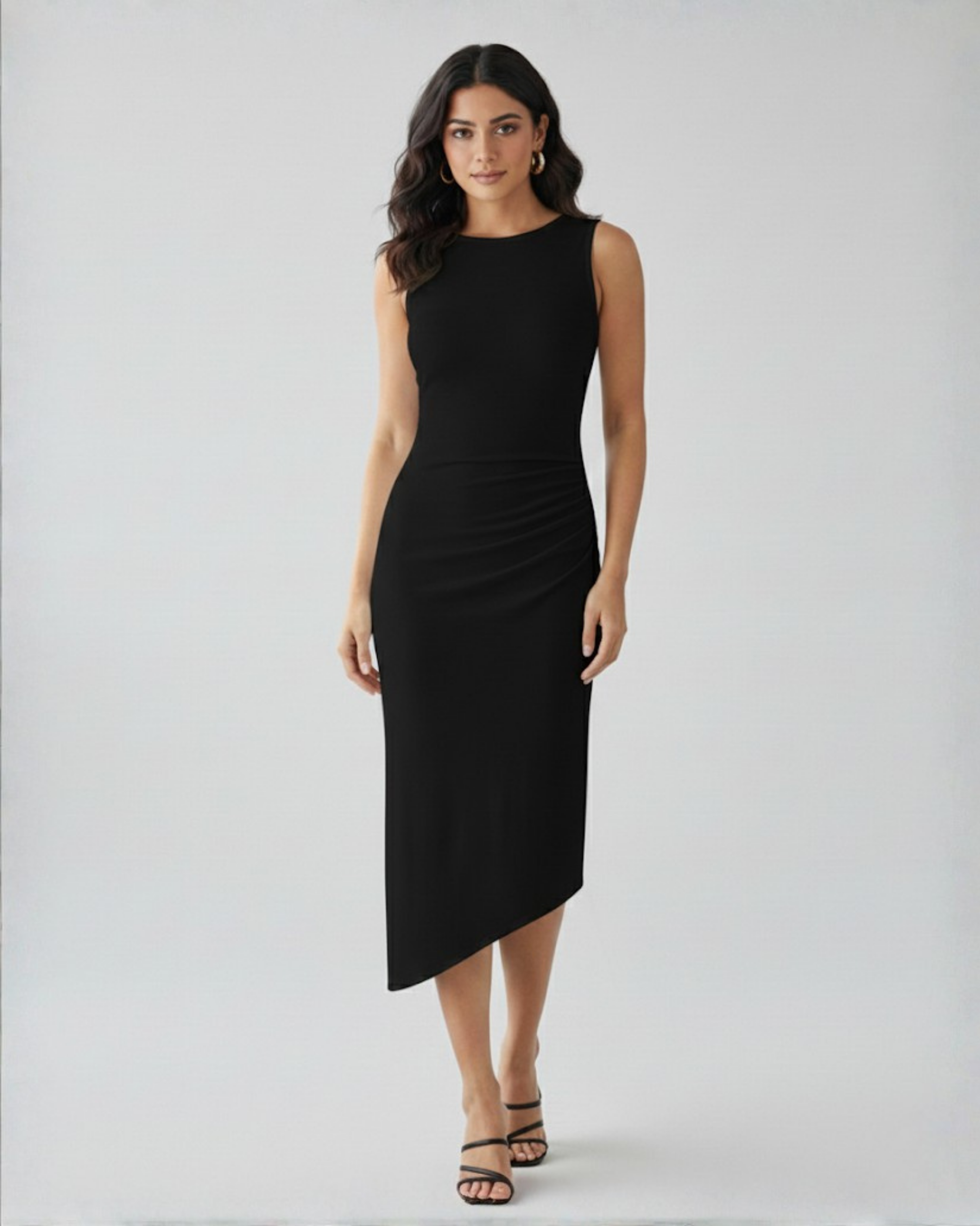 Asymmetric Boat-Neck Draped Midi Dress - Black