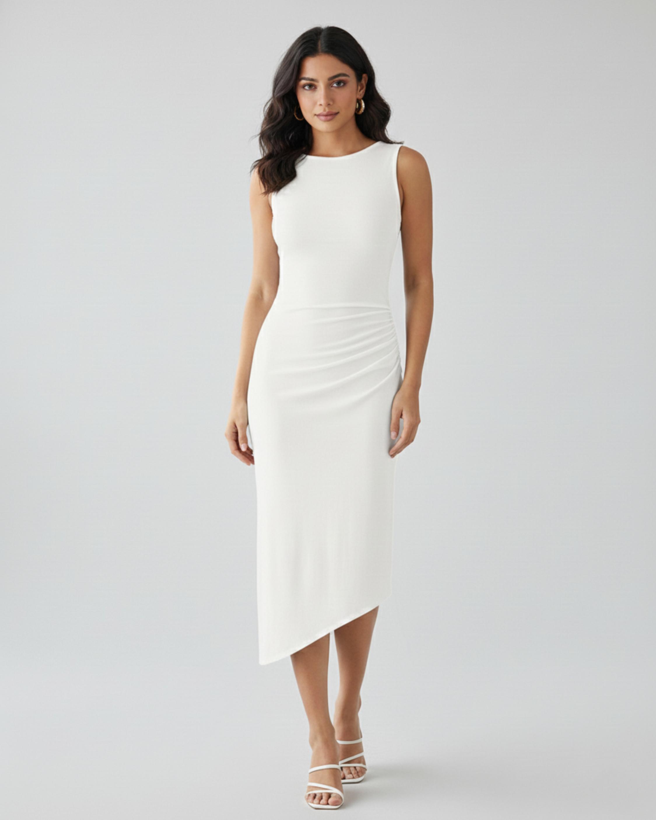 Asymmetric Boat-Neck Draped Midi Dress - White