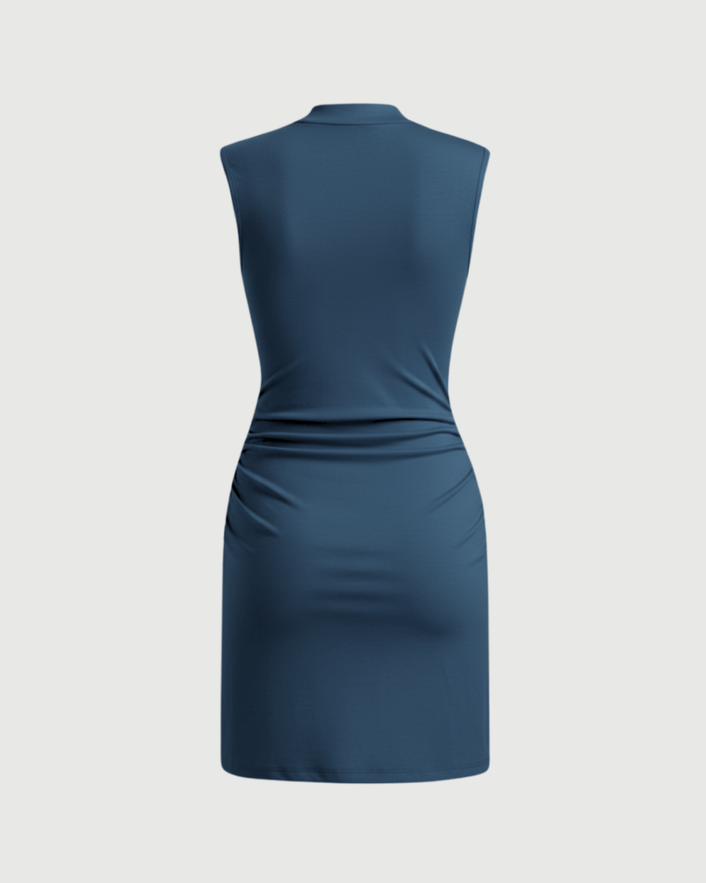 Chic Stand-Collar Gathered Mini Dress-Blue