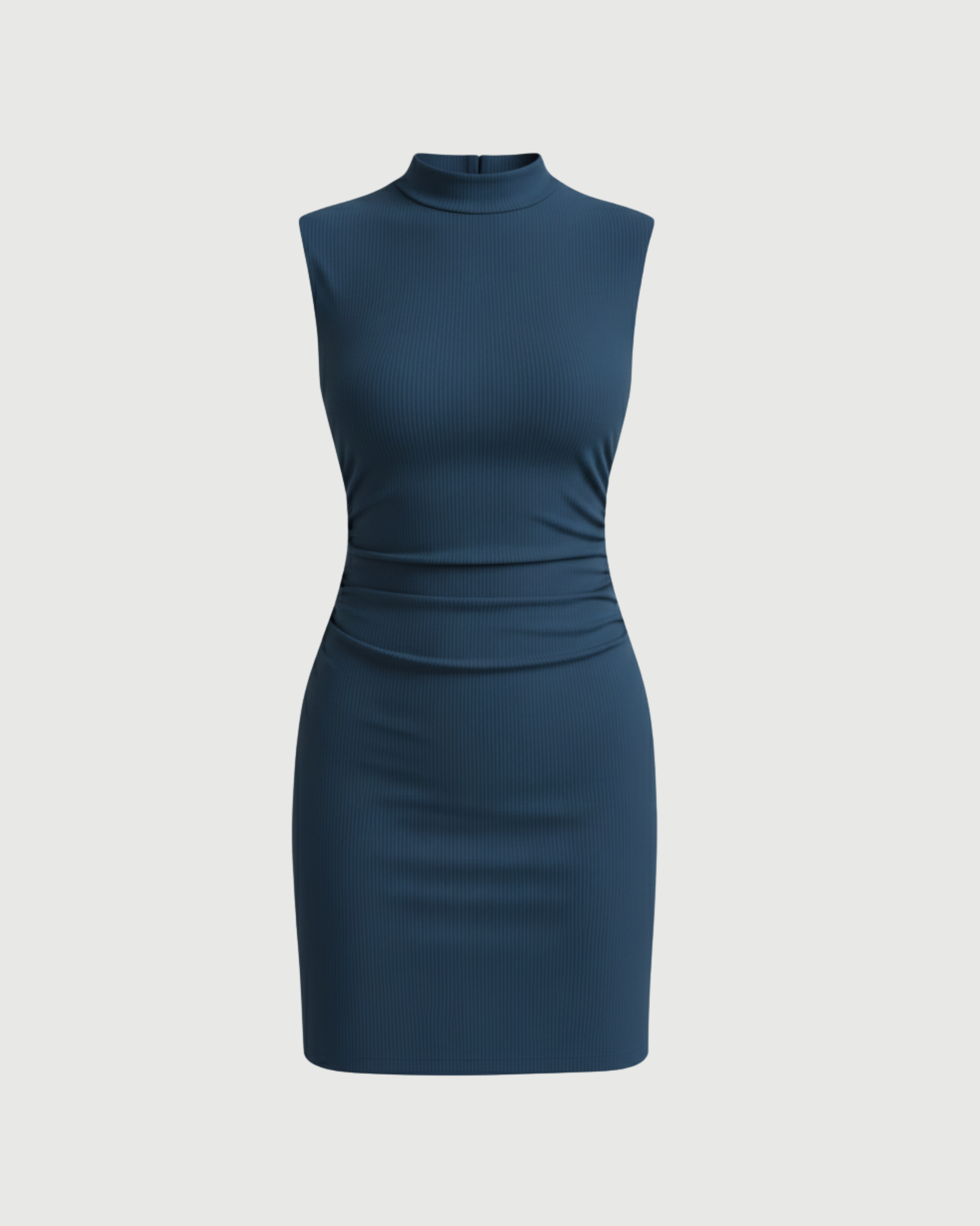 Chic Stand-Collar Gathered Mini Dress-Blue