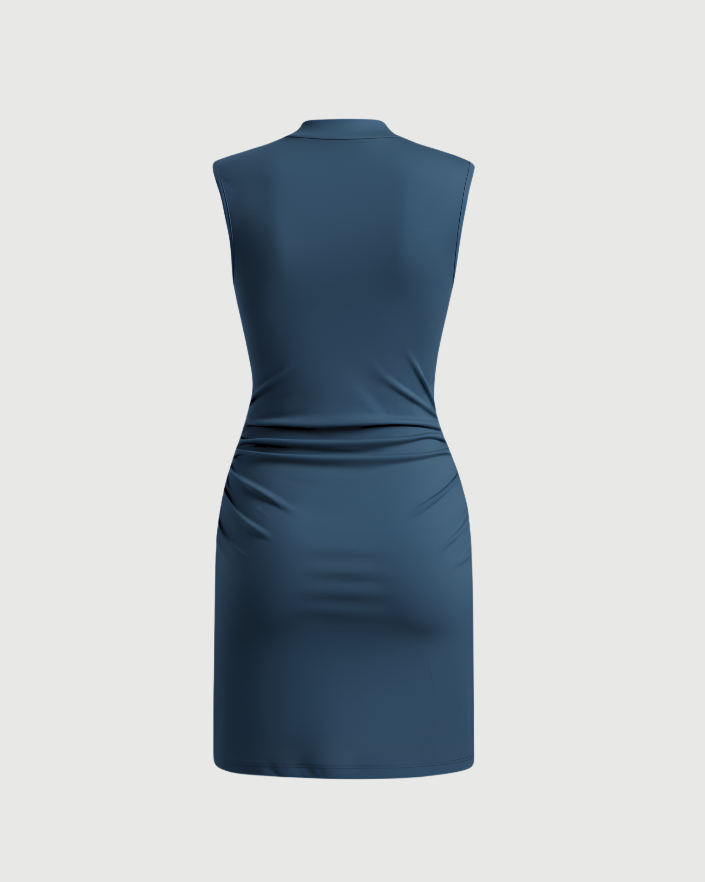 Chic Stand-Collar Gathered Mini Dress-Blue