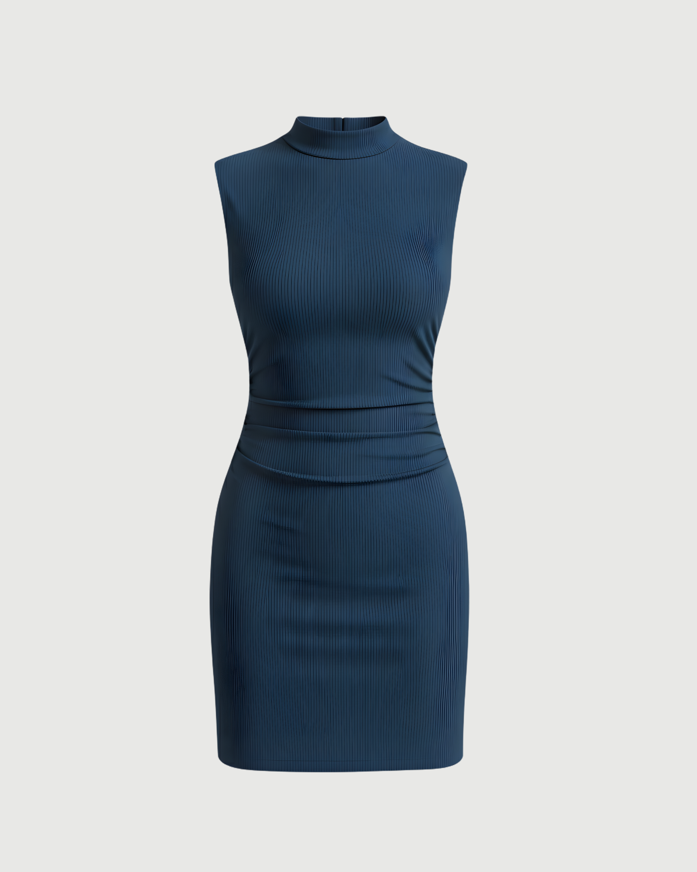 Chic Stand-Collar Gathered Mini Dress-Blue