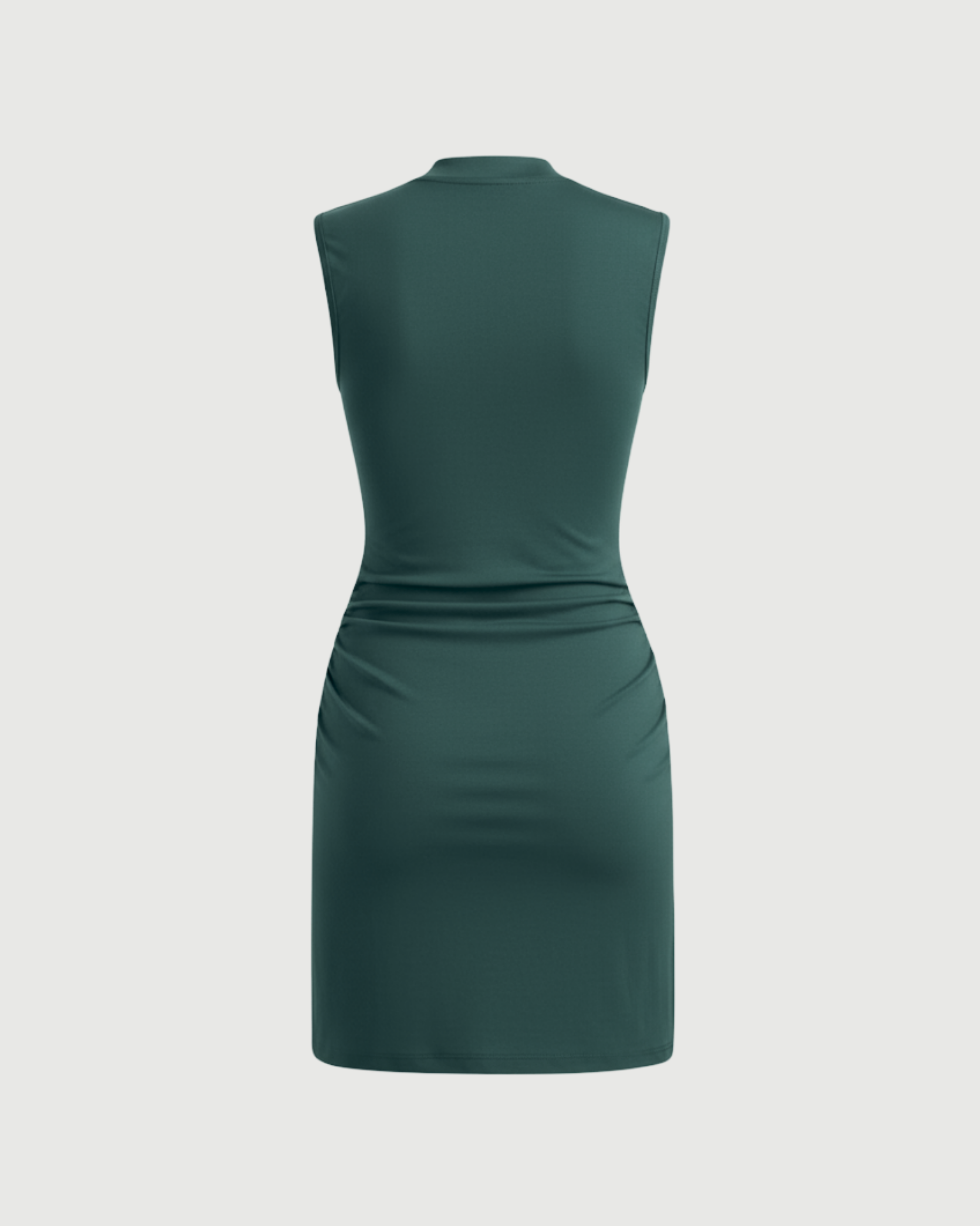 Chic Stand-Collar Gathered Mini Dress-Dark Green